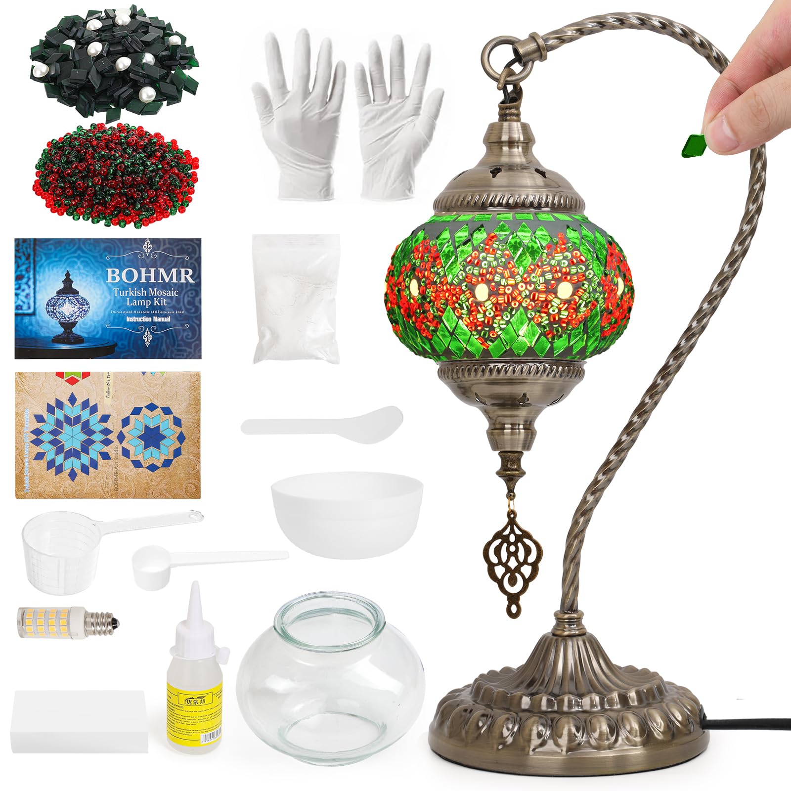 BOHMR DIY Turkish Mosaic Lamp Kit for For Mature Userss Swan-Neck Stained Glass Lamp Making Kit- Easy Fun No Experience Needed  Mosaic Art & Craft Project Kits for For Mature Userss & Teens Make Your Own Table Lamp Green