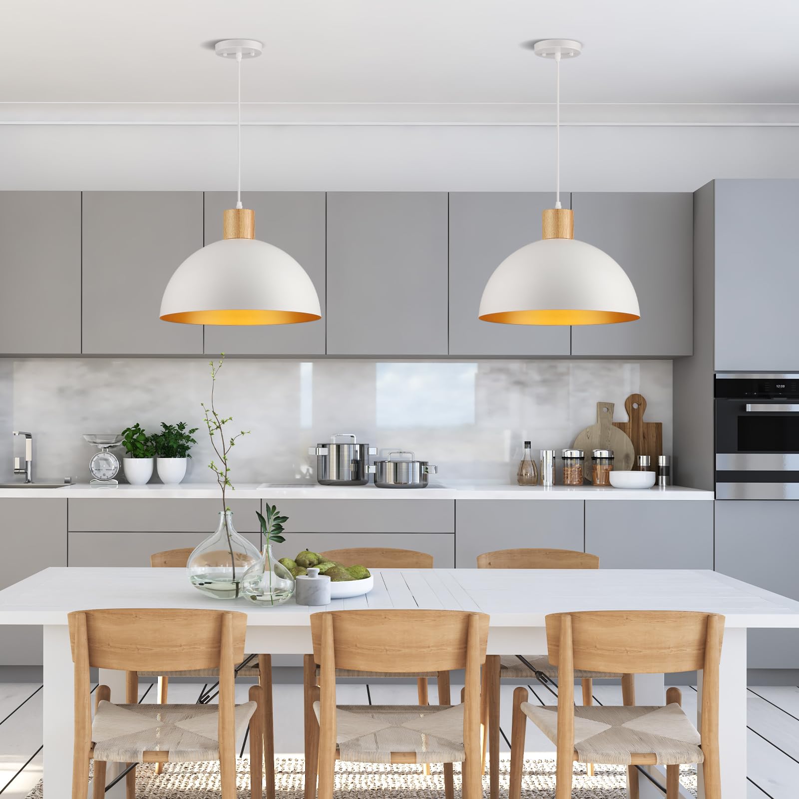 Qianzhan White Pendant Light, 16'' Wood Dome Pendant Lights Fixtures Adjustable Large Modern Hanging Lighting, For Kitchen Islan