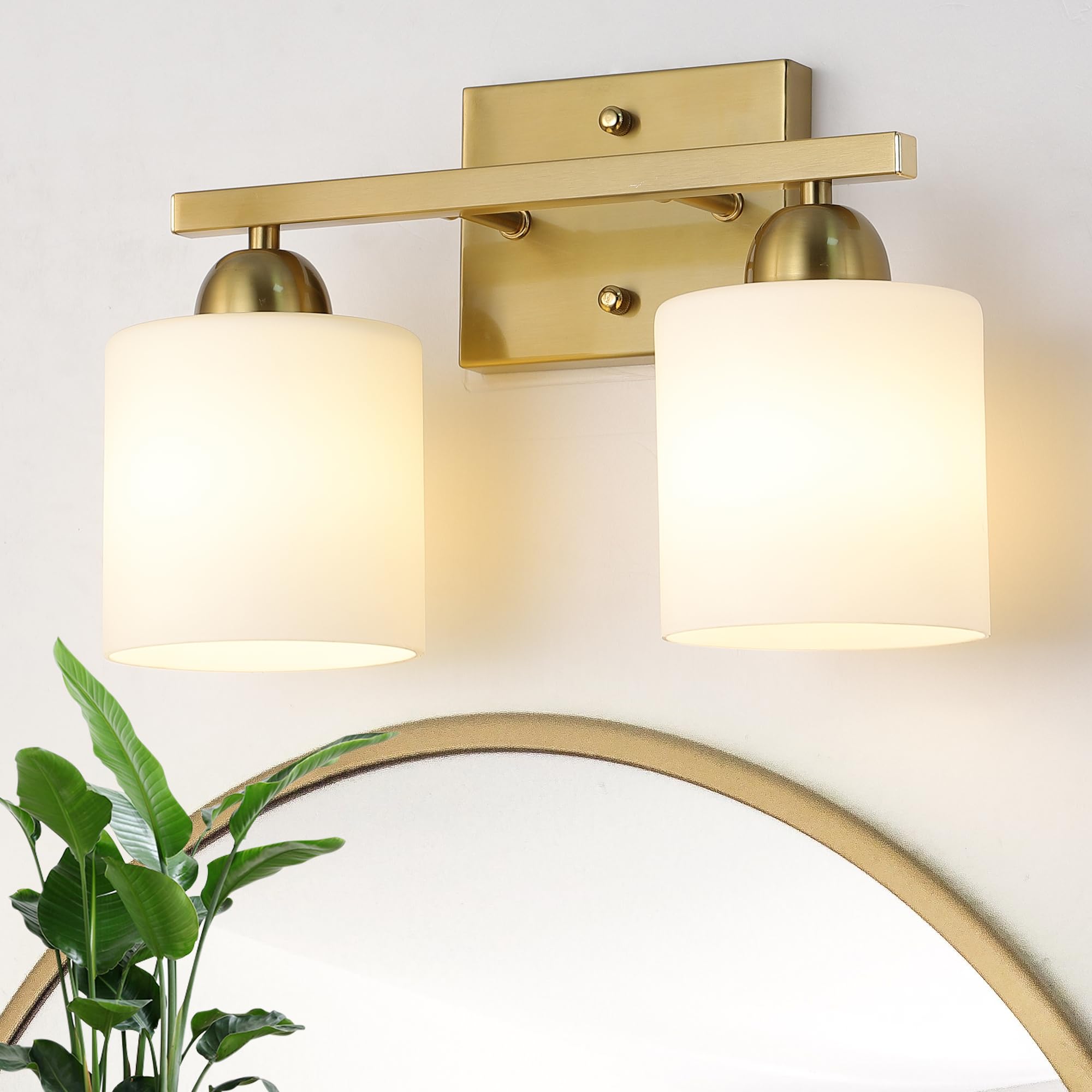 Mecgirn Stainless Steel Milk Glass Bathroom Vanity Light Over Mirror, 2 Light Brushed Gold Bathroom Light Fixtures With Frosted