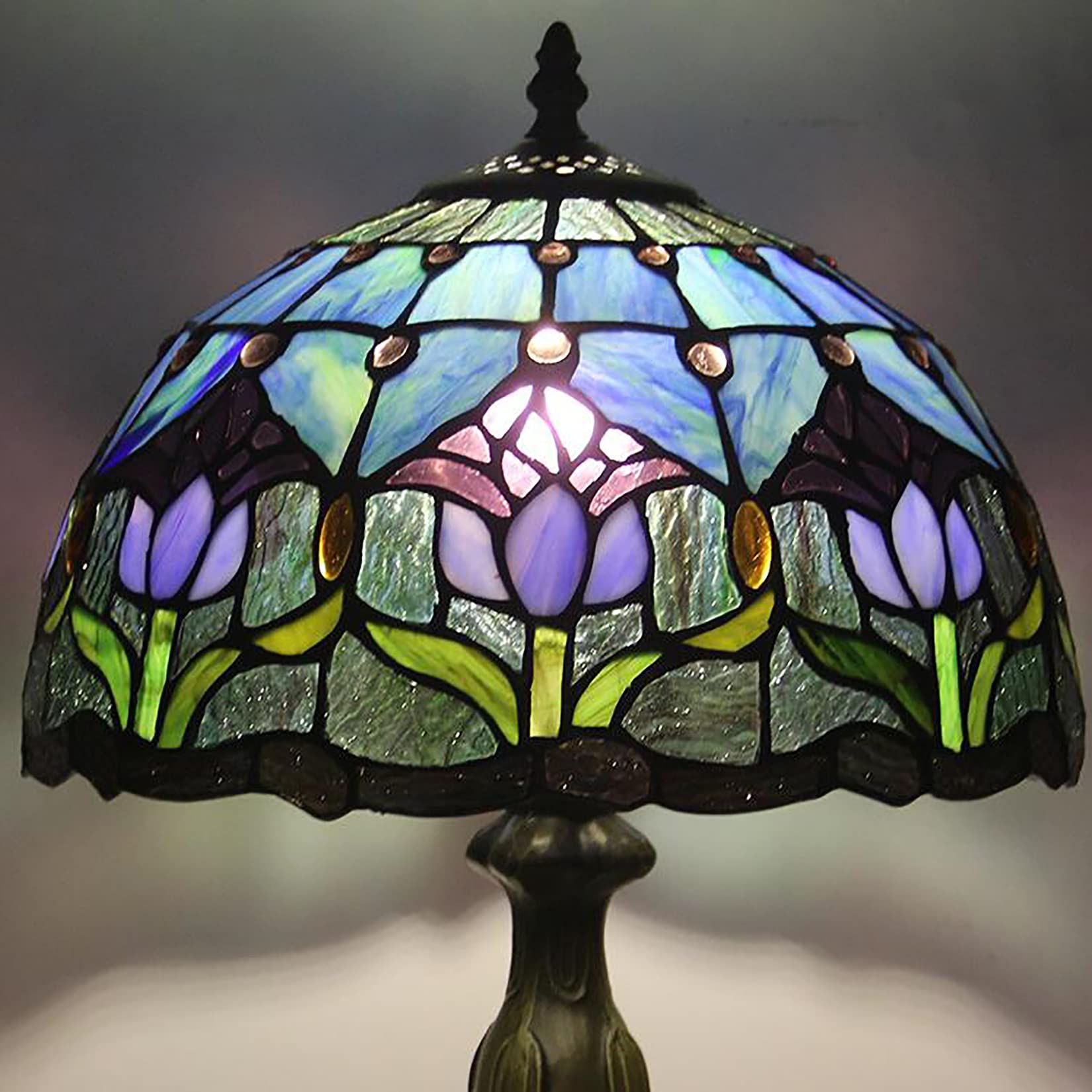 errzom Tiffany Style Table Lamp - Stained Glass Purple Tulip, 12" Reading Desk Light for Bedroom, Study, Living Room, Office