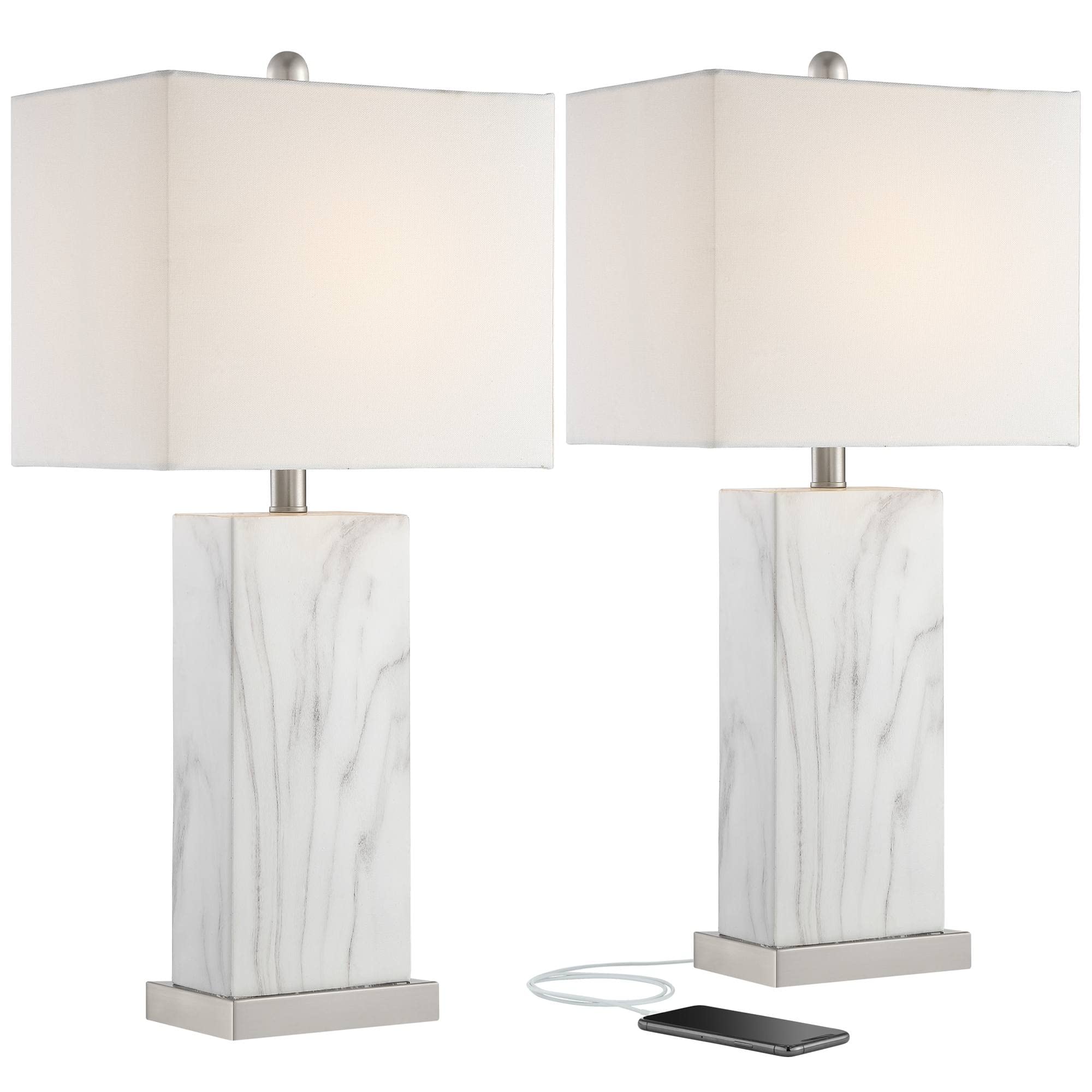 360 Lighting Connie Mid Century Modern Table Lamps 25'' High Set Of 2 With Usb Charging Port White Faux Marble Rectangular Shade