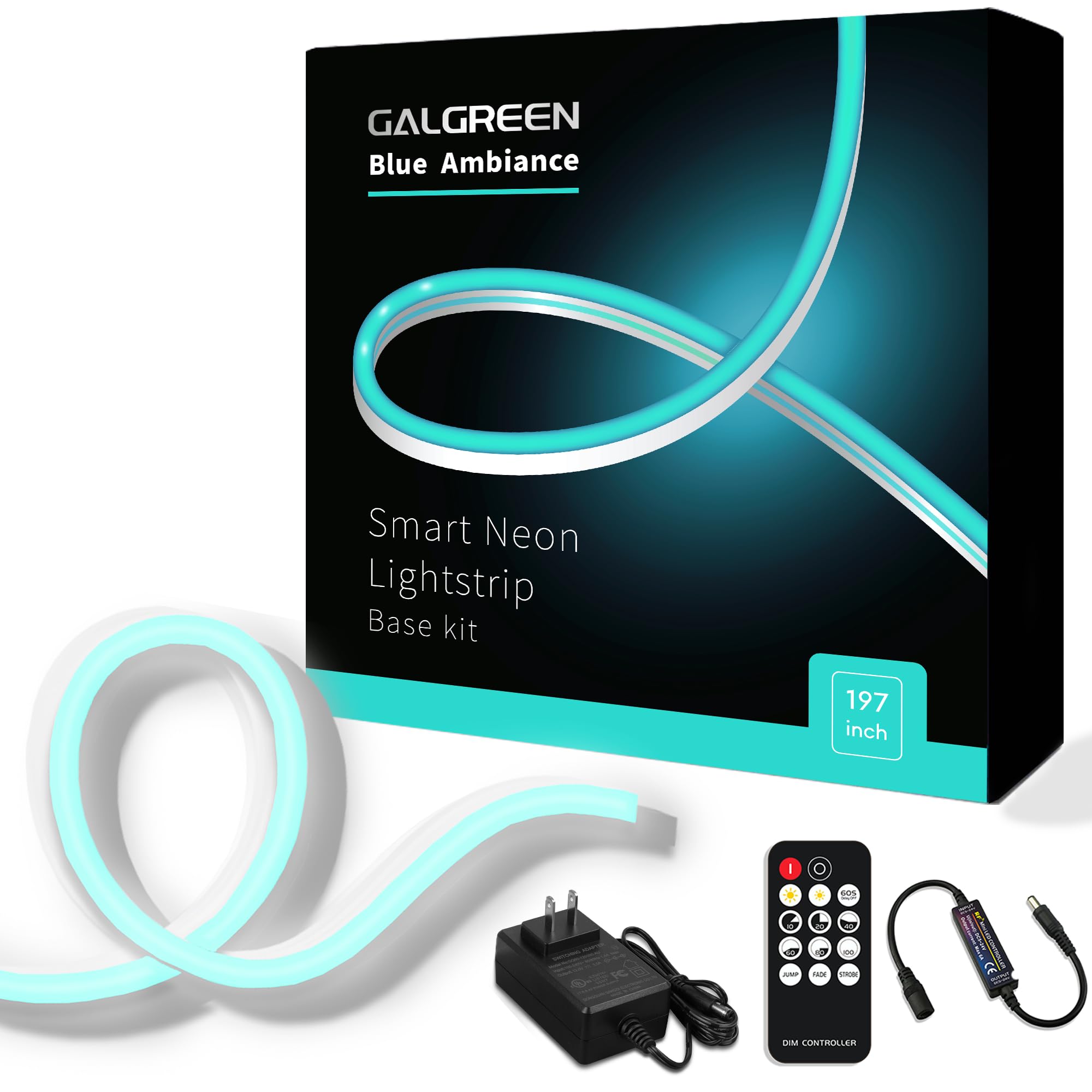 Galgreen Neon Rope Lights, 16.4ft Waterproof LED Strip, Dimmable Remote, Ice Blue, Model AG002