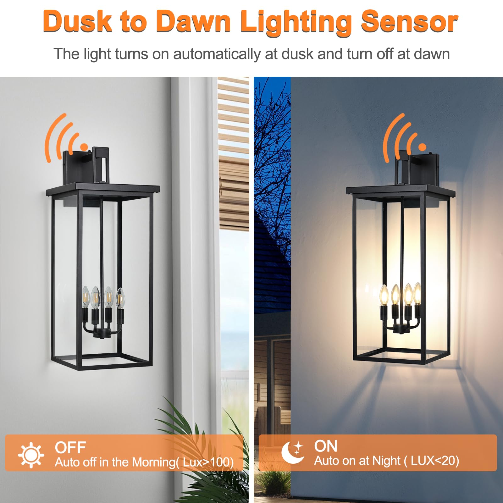 tewei Outdoor Wall Lights, 26in Dusk to Dawn Matte Black Sconce, Clear Shade, Modern Exterior Lighting Fixture, Model TW-LB-SR26