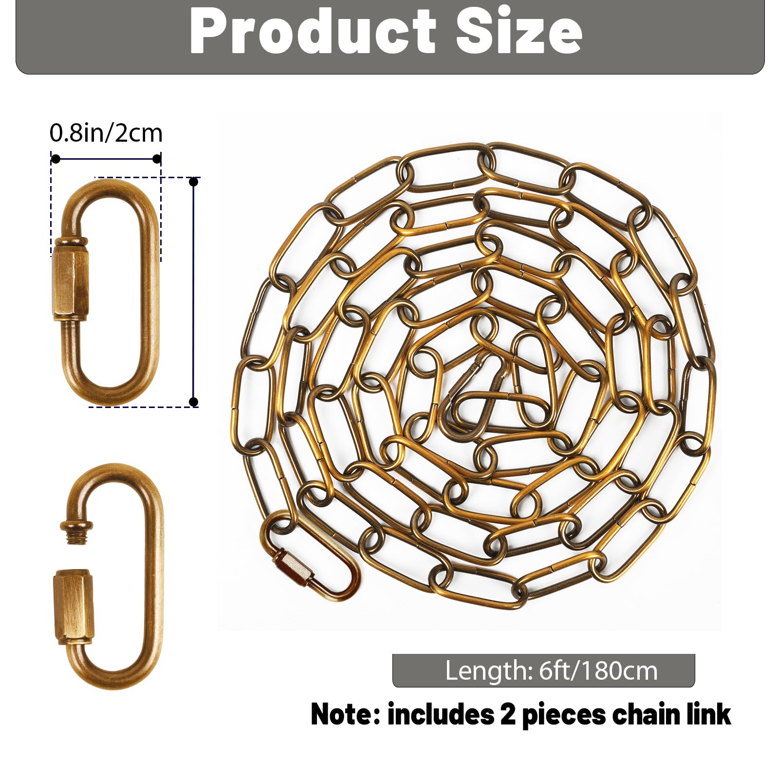 6 Feet Gold Bronze Light Fixture Chain, Adjustable Metal Pendant Chandelier Chain Extension With Detachable Link, Maximum Load I