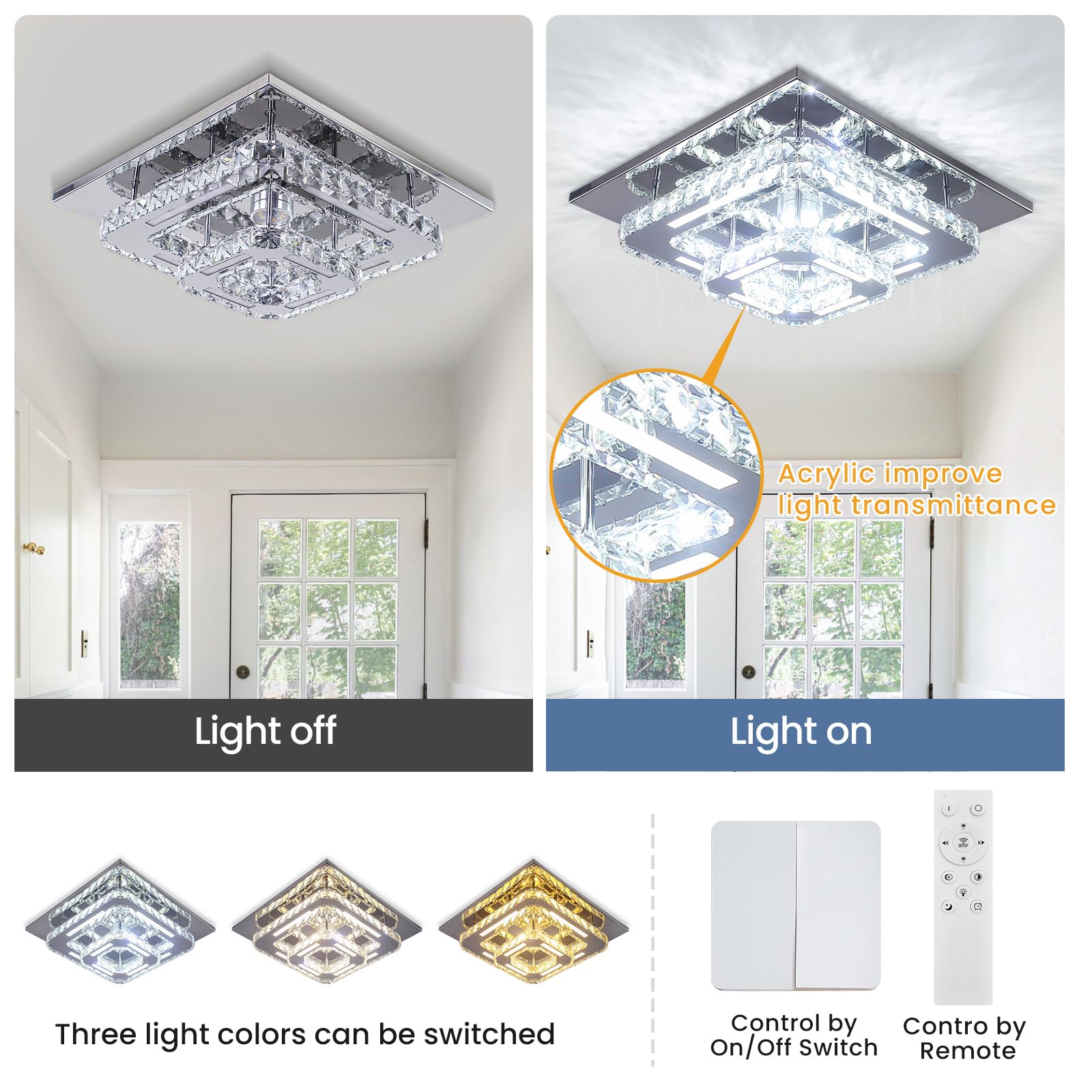 Cxgleaming Modern Crystal Chandelier - 12 Flush Mount Ceiling Light Fixture With Remote Control - Dimmable Led Chandelier For Bedrooms Living Rooms Closet Hallways Bathroom