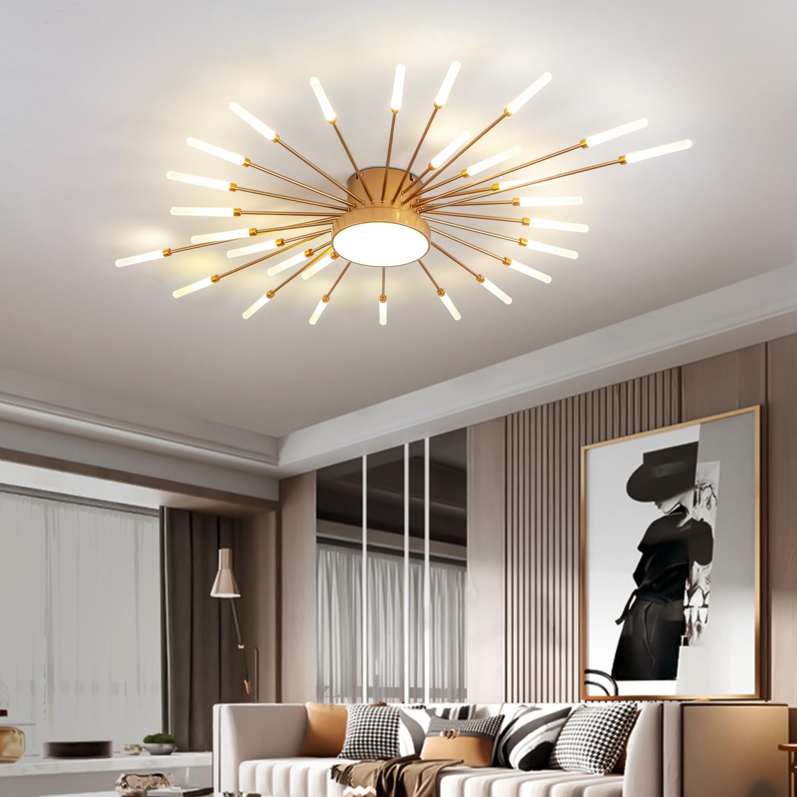 Jaymp Ceiling Light Modern Flower Shape Ceiling Lamp For Living Room Dining Room Flush Mount Metal Acrylic Sputnik Firework Petal Led Lighting Fixture (Matte Gold, 28+1 Lights)