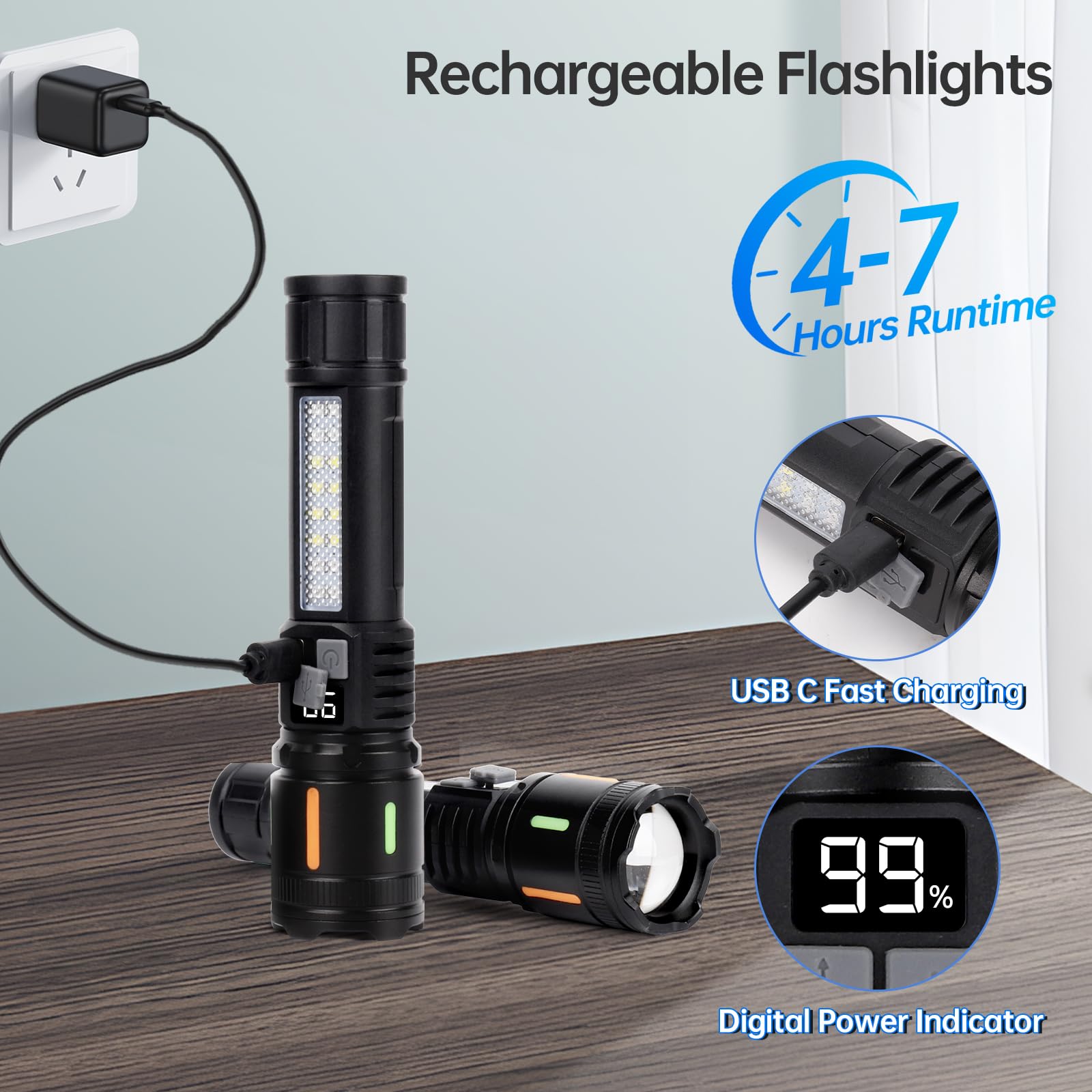 Sogidon High Lumens Rechargeable Flashlights 2 Pack, LED Handheld, USB Charging, 5 Light Modes, Zoomable, Black