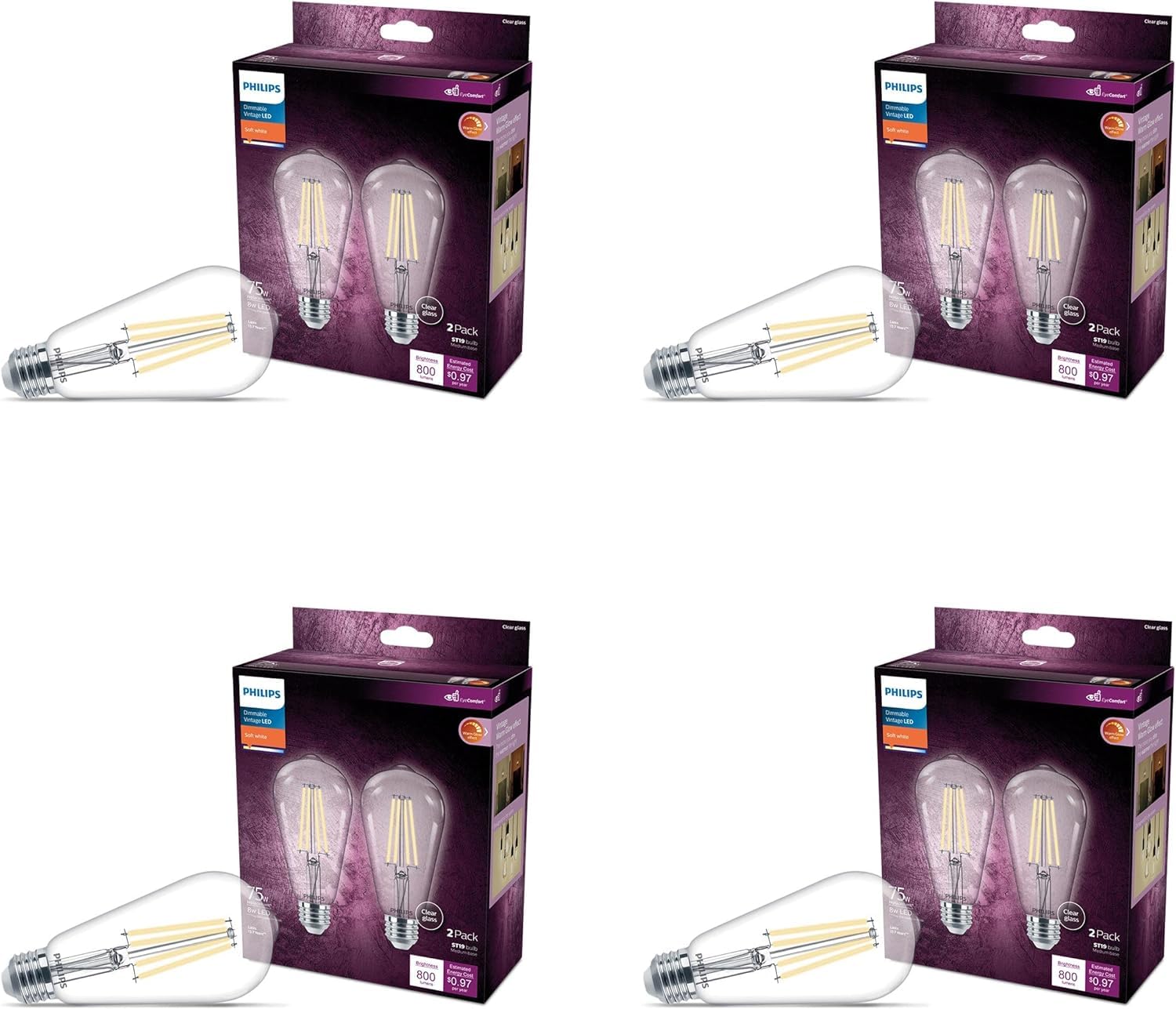 Philips Led Vintage Flicker-Free Clear Spiral St19 Bulb - Soft White 2700K - 4 Pack - 75W- 800 Lumen - E26 Base - Dimmable - Eye