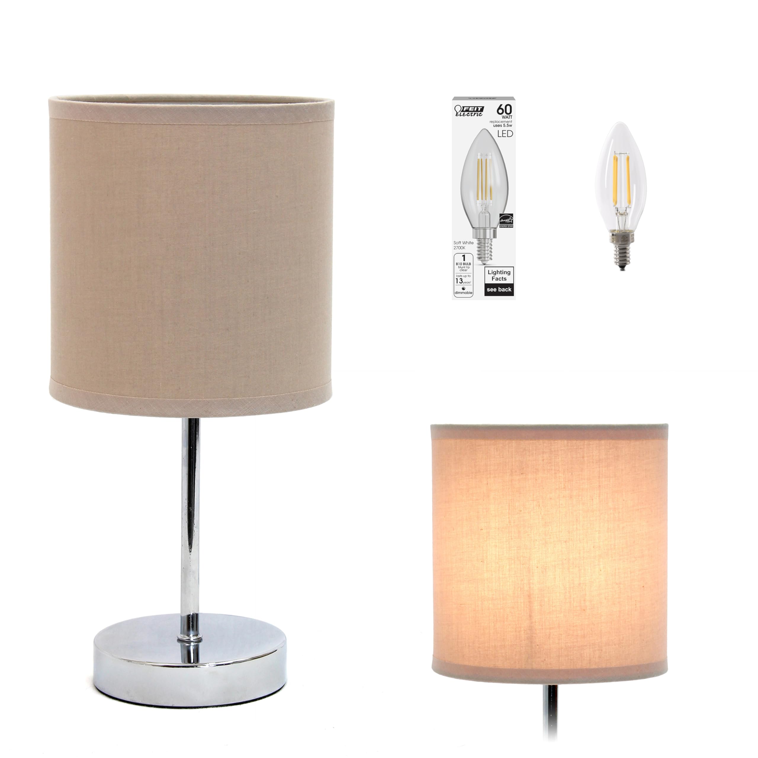 Simple Designs Lt2007-Gry-Lb Basic Chrome Mini Table Lamp For Living Room, Nightstand, Desk, Countertop, Gray, With Feit Led Bul