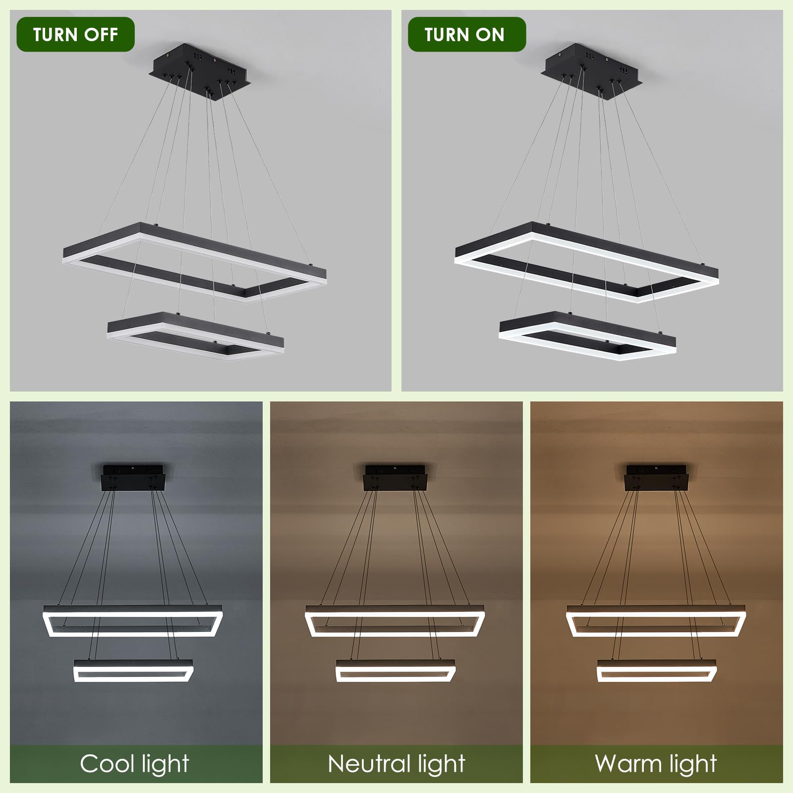 Benkut 2 Rings Modern LED Chandelier, Dimmable Pendant Light, 23.6" Black Aluminum, Remote Control, High Ceiling, 3000K-6500K