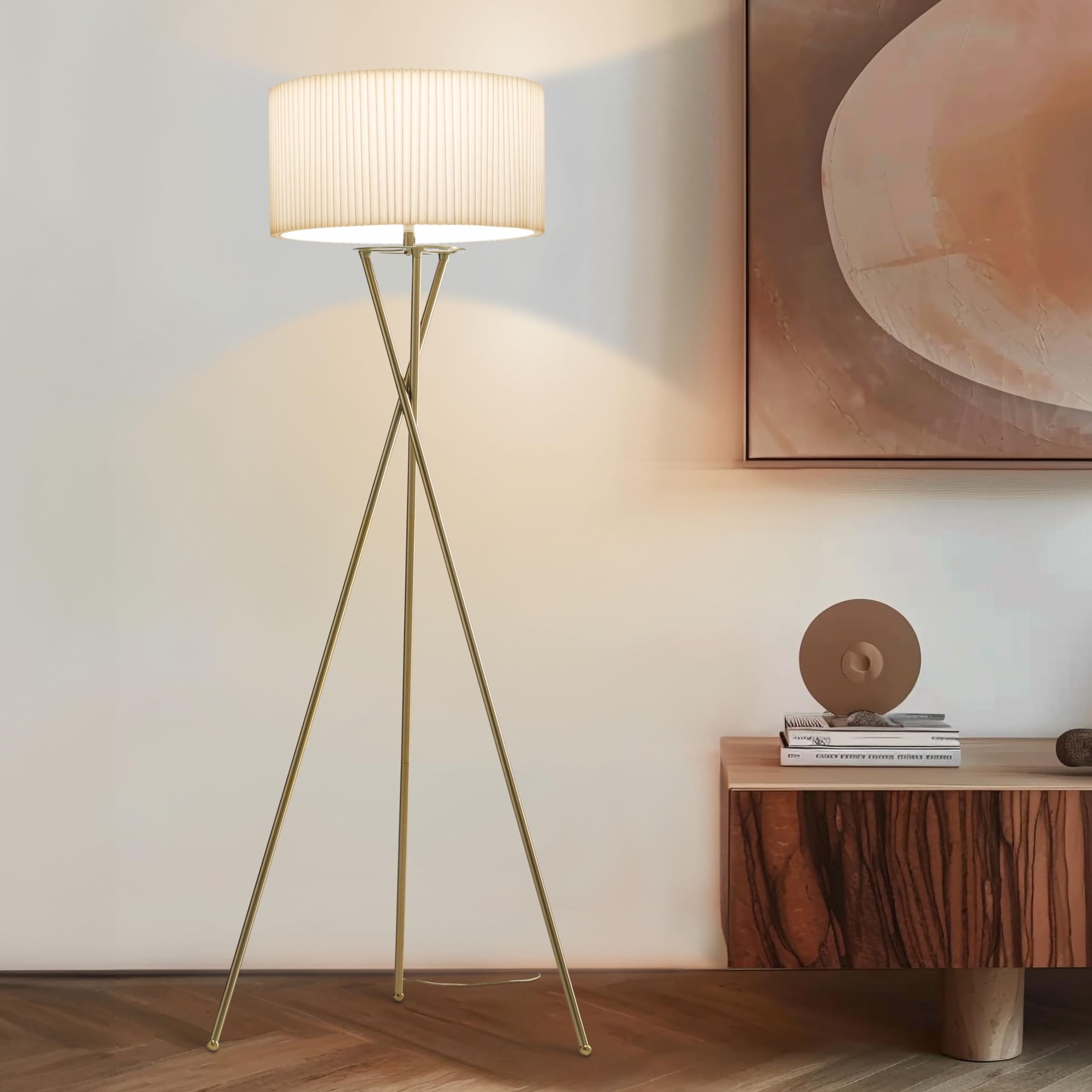 Brightech Jaxon LED Floor Lamp, Modern Brass Tripod Design, Pleated Drum Shade, Model FL-JXNPL-BRS