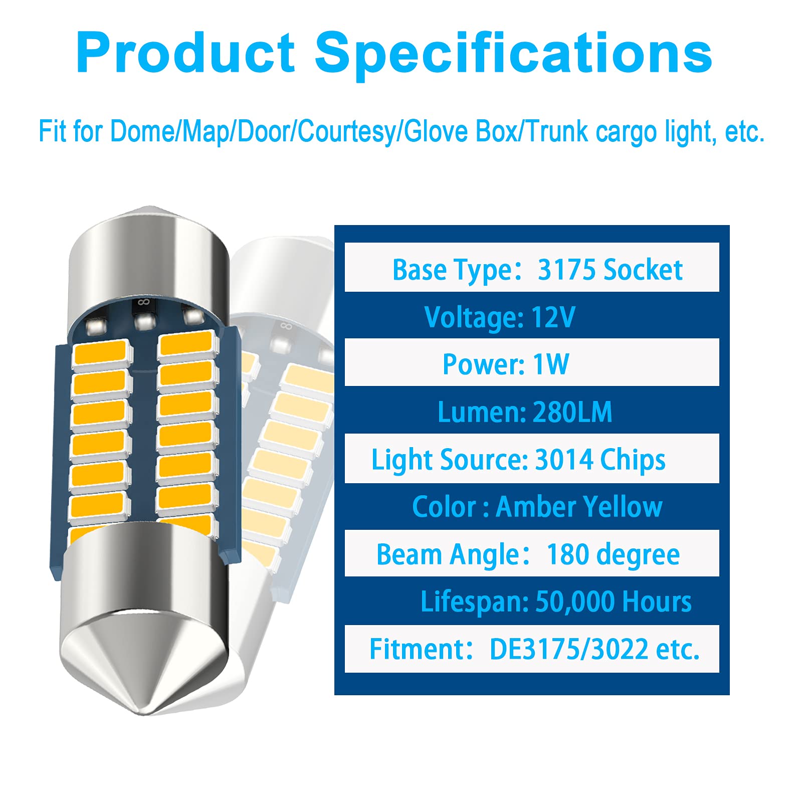 Serundo Auto LED Festoon Bulb, 31mm, Amber Yellow, Pack of 6, Aluminum, Compatible with DE3021/DE3022/DE3023/6428/643
