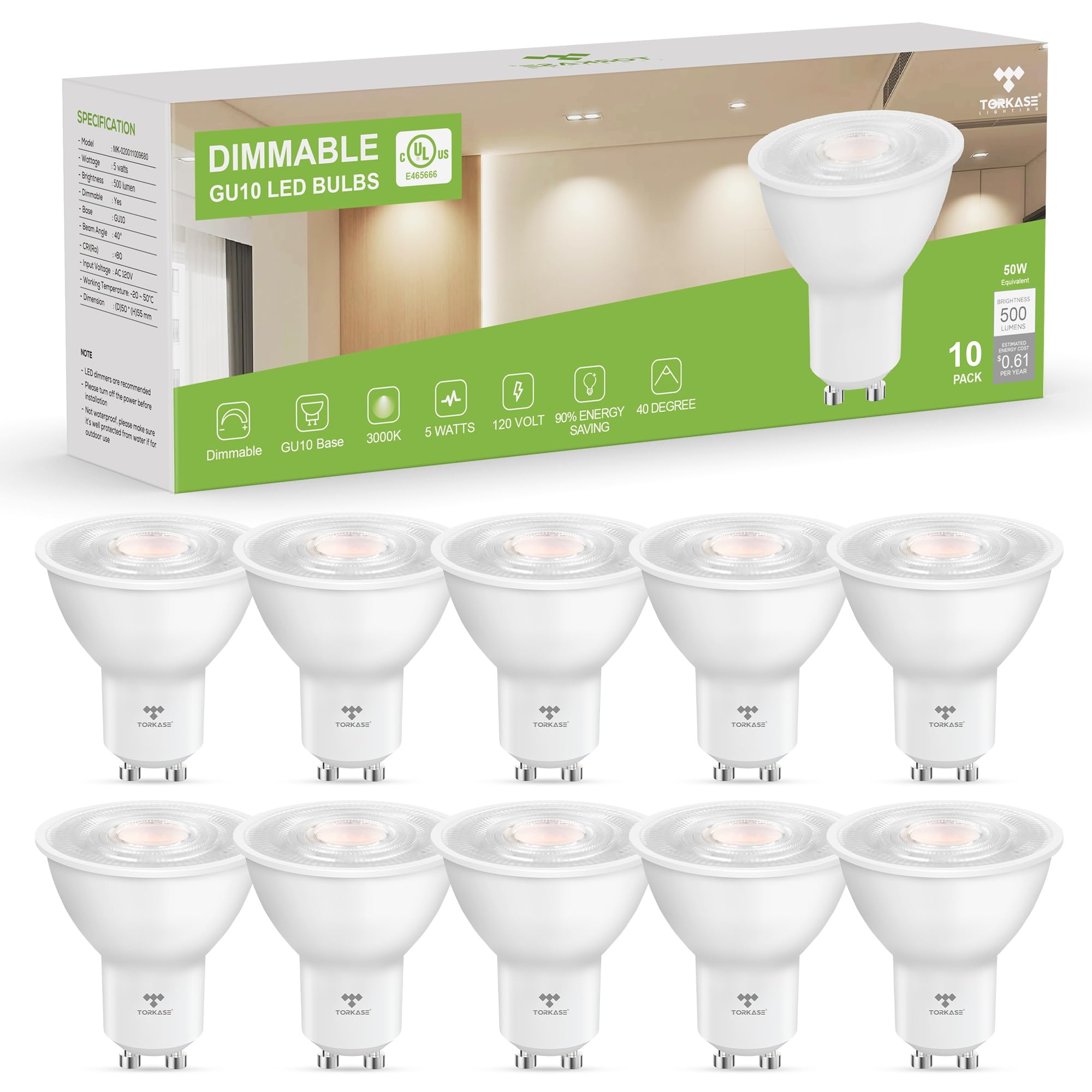 Torkase Gu10 Led Bulbs 3000K Warm White, Dimmable, 10-Pack, 5W Replaces 50W Halogen, 120V 500Lm, Ideal For Kitchen, Range Hood,