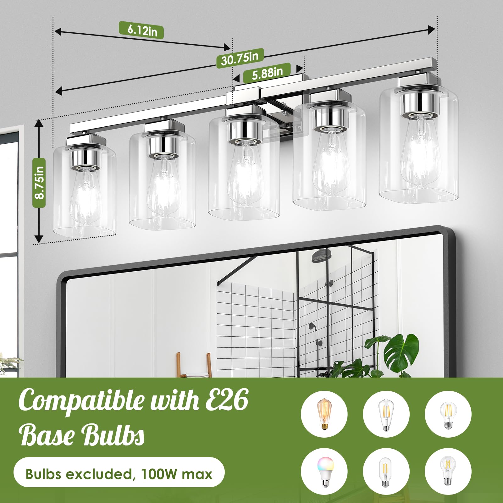 Beslowe 5-Light Bathroom Light Fixtures  Modern Chrome Bathroom Vanity Light  Bathroom Lighting Fixtures Over Mirror  Nickel Bathrom Wall Lamp  Wall Lights For Living Room Bedroom Hallway
