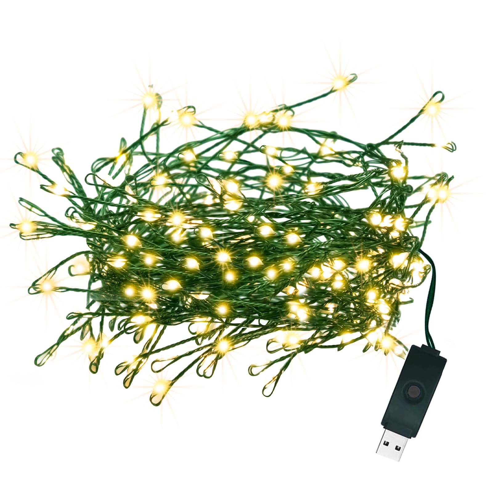 USB Fairy Lights Plug in, Outdoor Twinkle Firecracker String Lights with Timer and 8 Modes, 10ft 100 LED Waterproof Cluster Lights for Indoor Christmas Wreath Party Wedding Decoration, Warm White