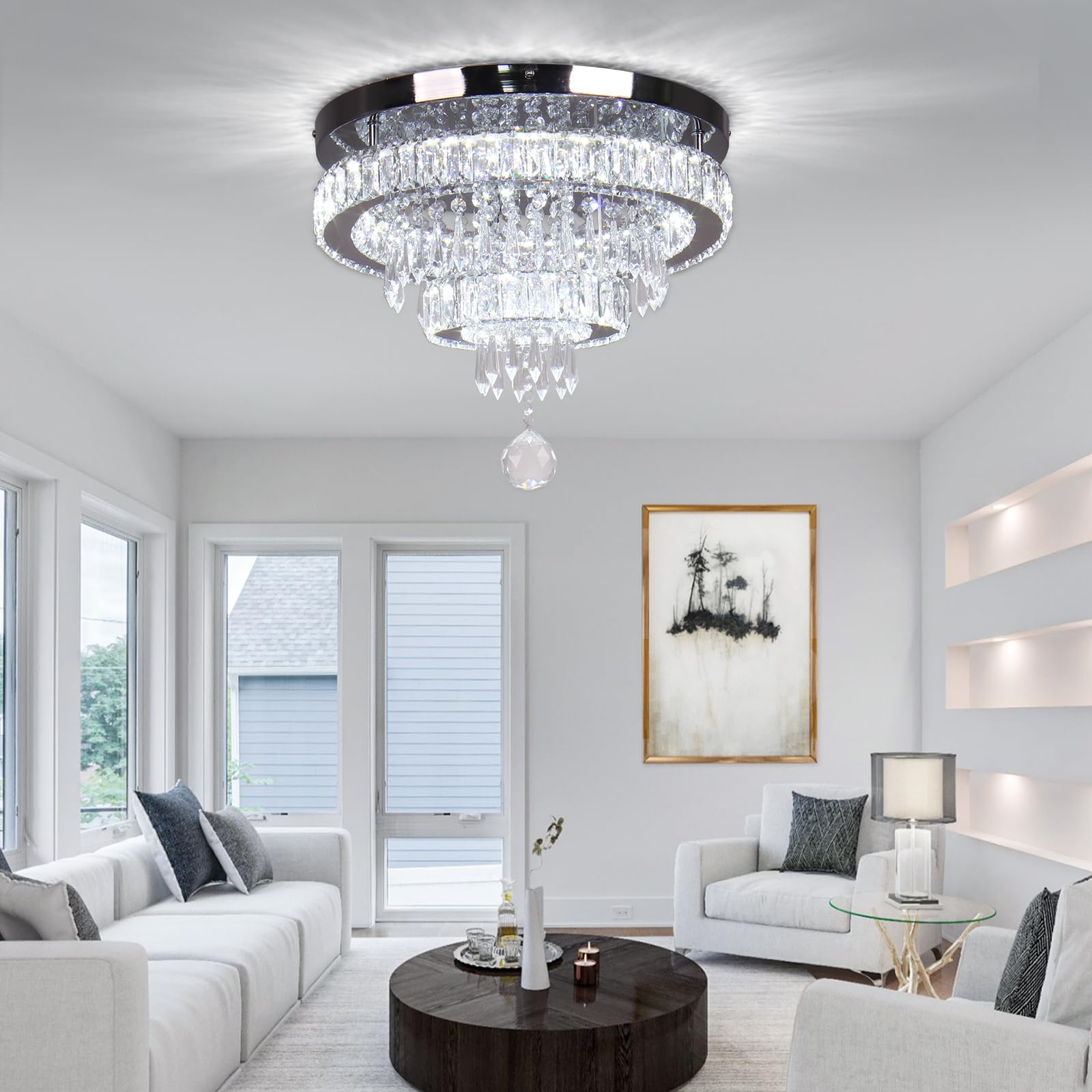 Cainjiazh 16" Crystal Chandelier LED Ceiling Light Fixture, Modern Flush Mount, Stainless Steel, White, Model 2040XD-WHITE