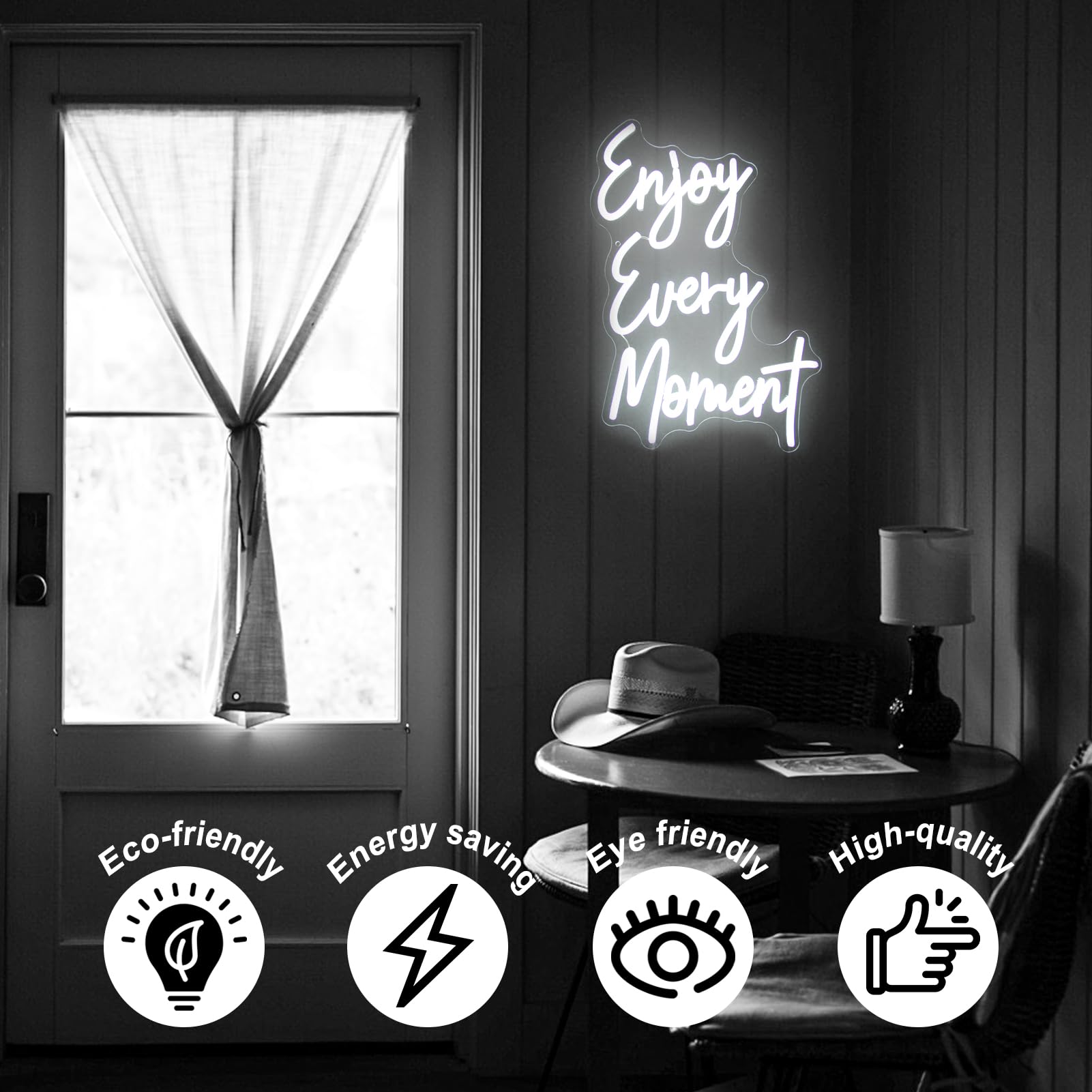 Kullneon Neon Light Sign - Enjoy Every Moment - White Plastic - 16.9inx11.6in for Bedroom, Bar, Restaurant, Party Decor