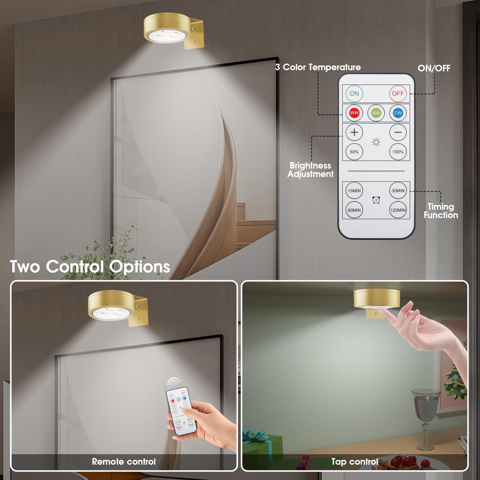 SIXDEFLY Picture Lights, Battery Operated LED Art Display Light, 3 Lighting Modes, Remote Control, 6 Pack, Gold