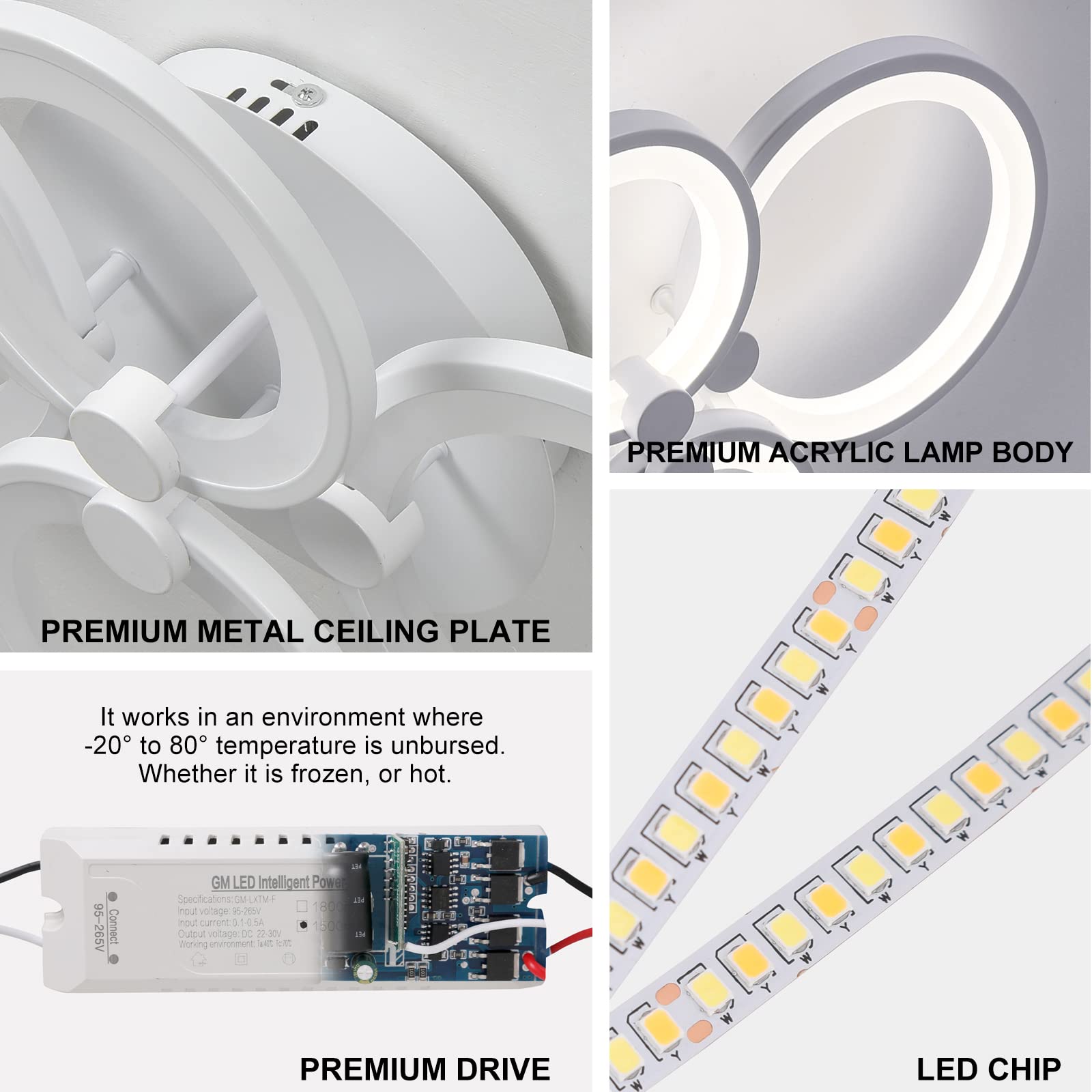 Stch Led Ceiling Light Fixture, 60W Flush Mount Ceiling Light, Kitchen Light Fixtures With Remote Control, 4 Rings Ceiling Lamp