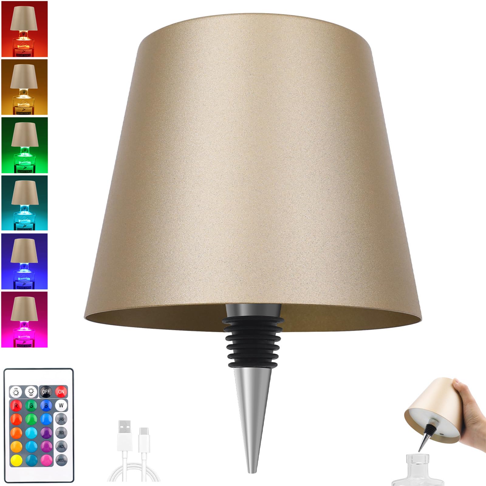Wireless Bottle Lamp With Remote Control  Rechargeable Rgb Wine Bottle With 3Modes Light Dimming  Waterproof Touch Lamp Head For Room  Bar  Restaurant And Party Decorations(Gold Rgb)