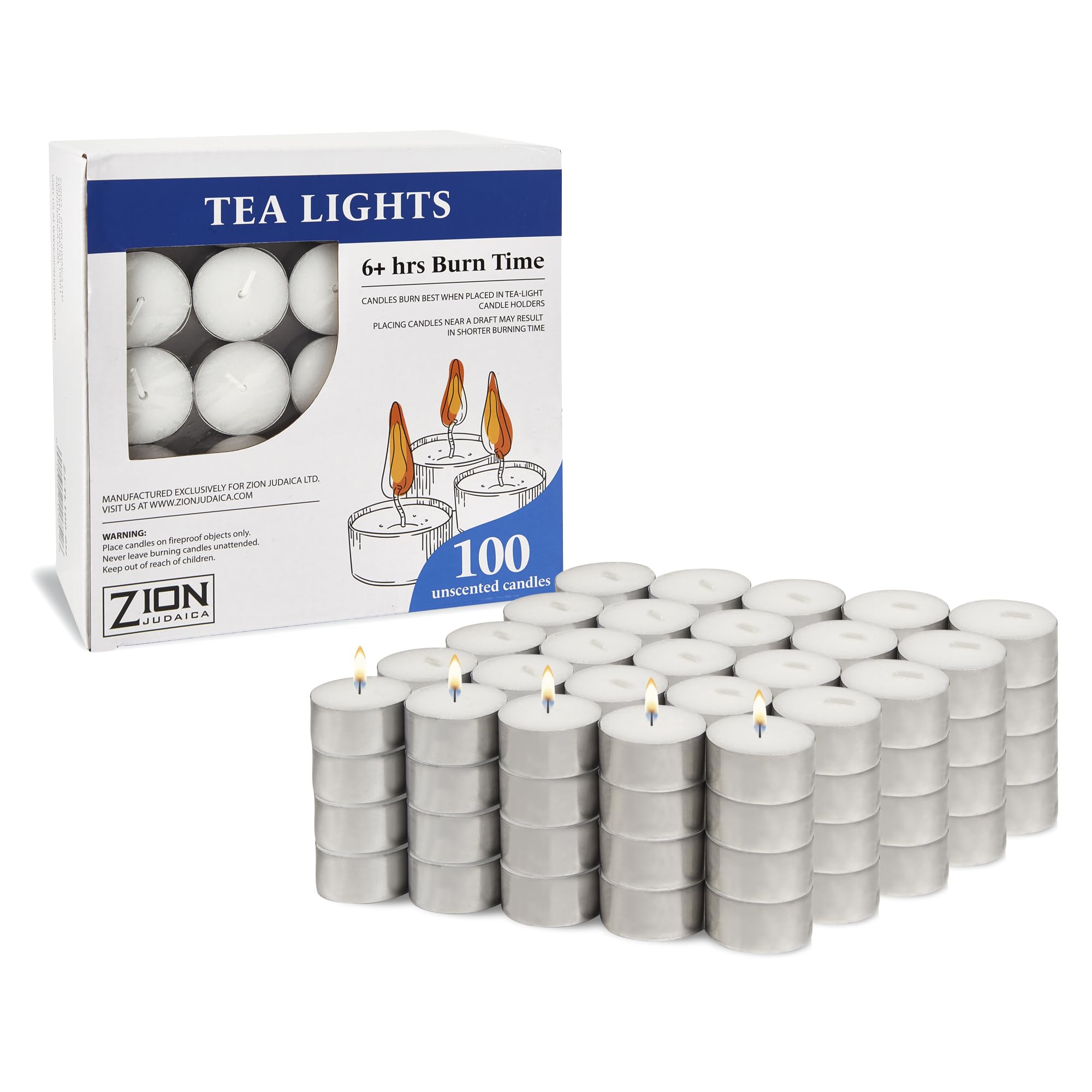 Zion Judaica enhanced Unscented Tealight Candles, 6 Hour Burn Time, Dripless, Smokeless, White, Paraffin Wax, 100 Count, Model ZJ-T