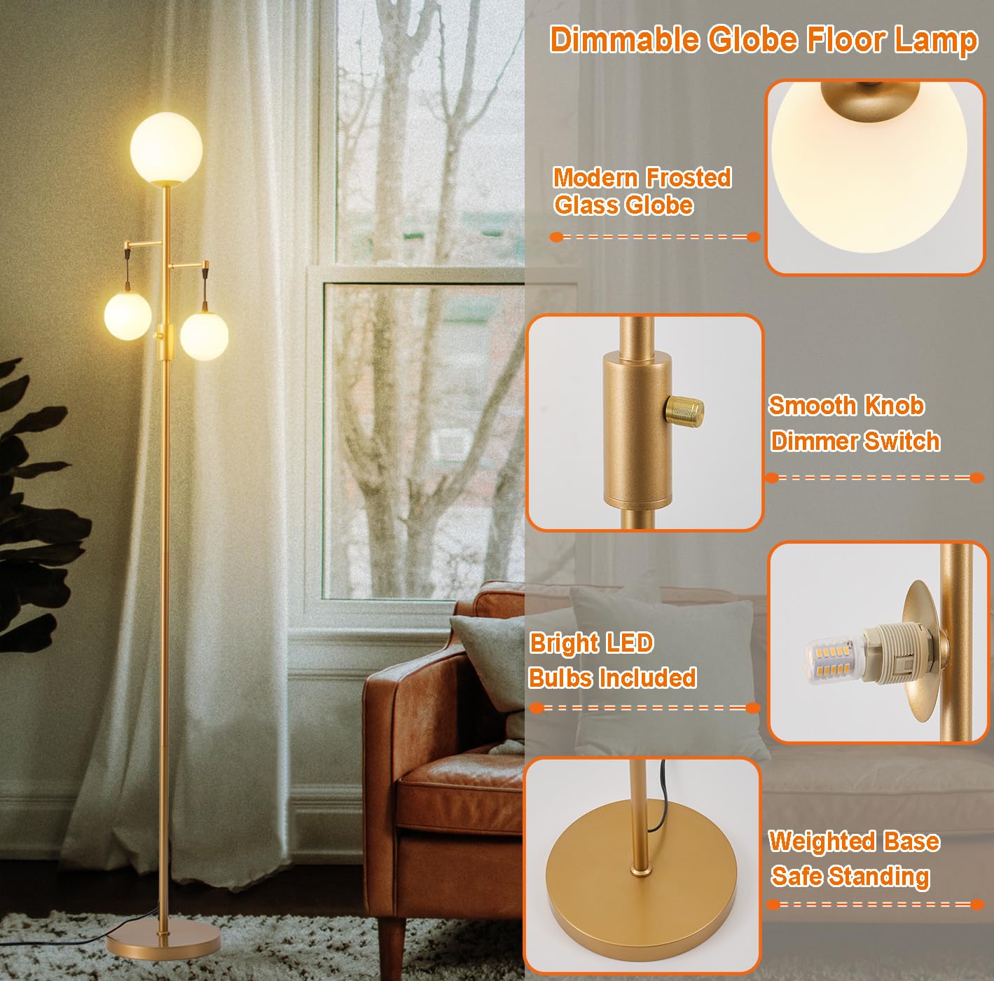 Fiqevs Dimmable Mid Century Modern Floor Lamp, Globe Gold Standing Lamp With Frosted Glass Shade & Led Bulbs, Adjustable Brightn