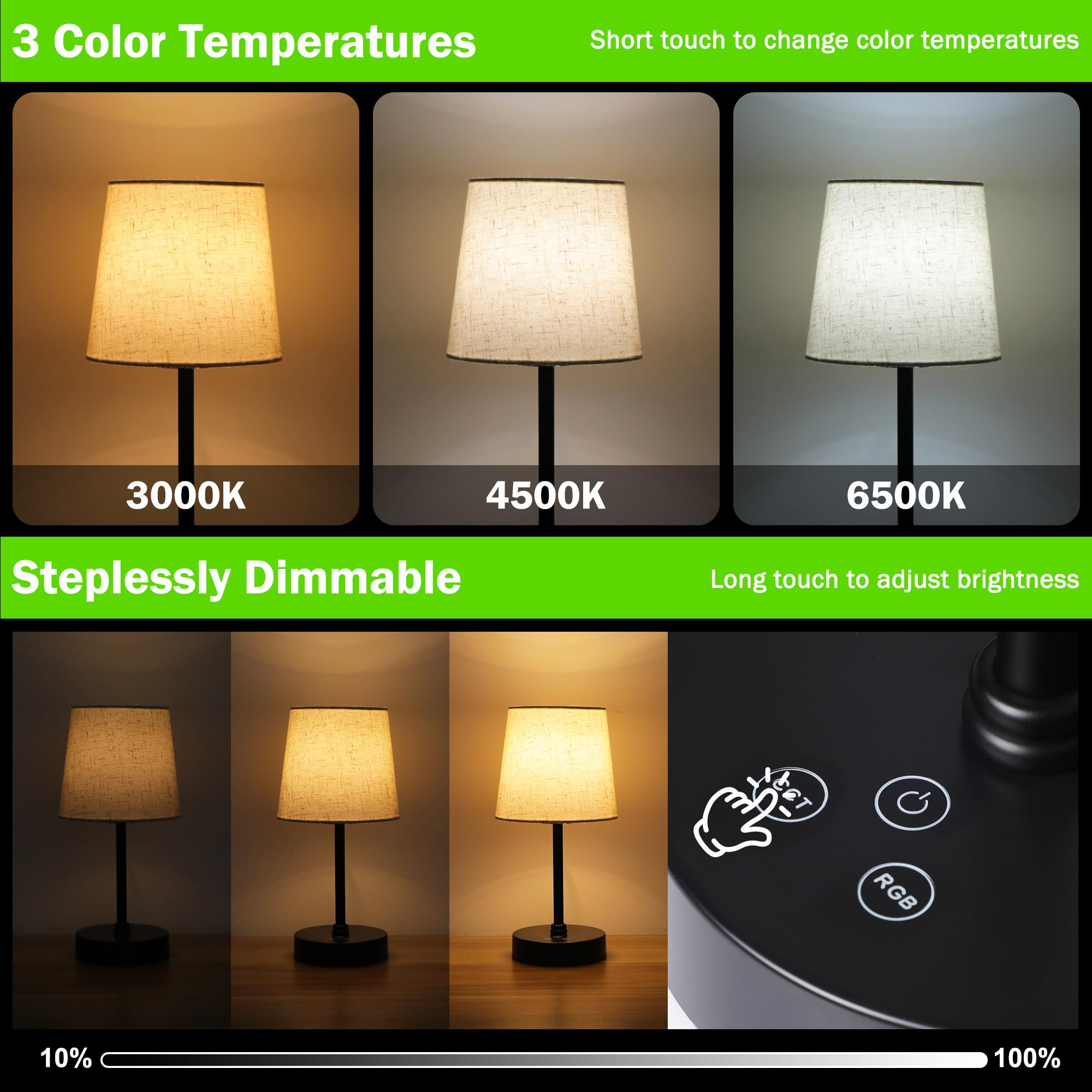 Ascher Small Cordless Table Lamp - RGB Color Changing, 3 Color Temperatures, Dimmable, Flaxen Shade - Rechargeable Bedside Light