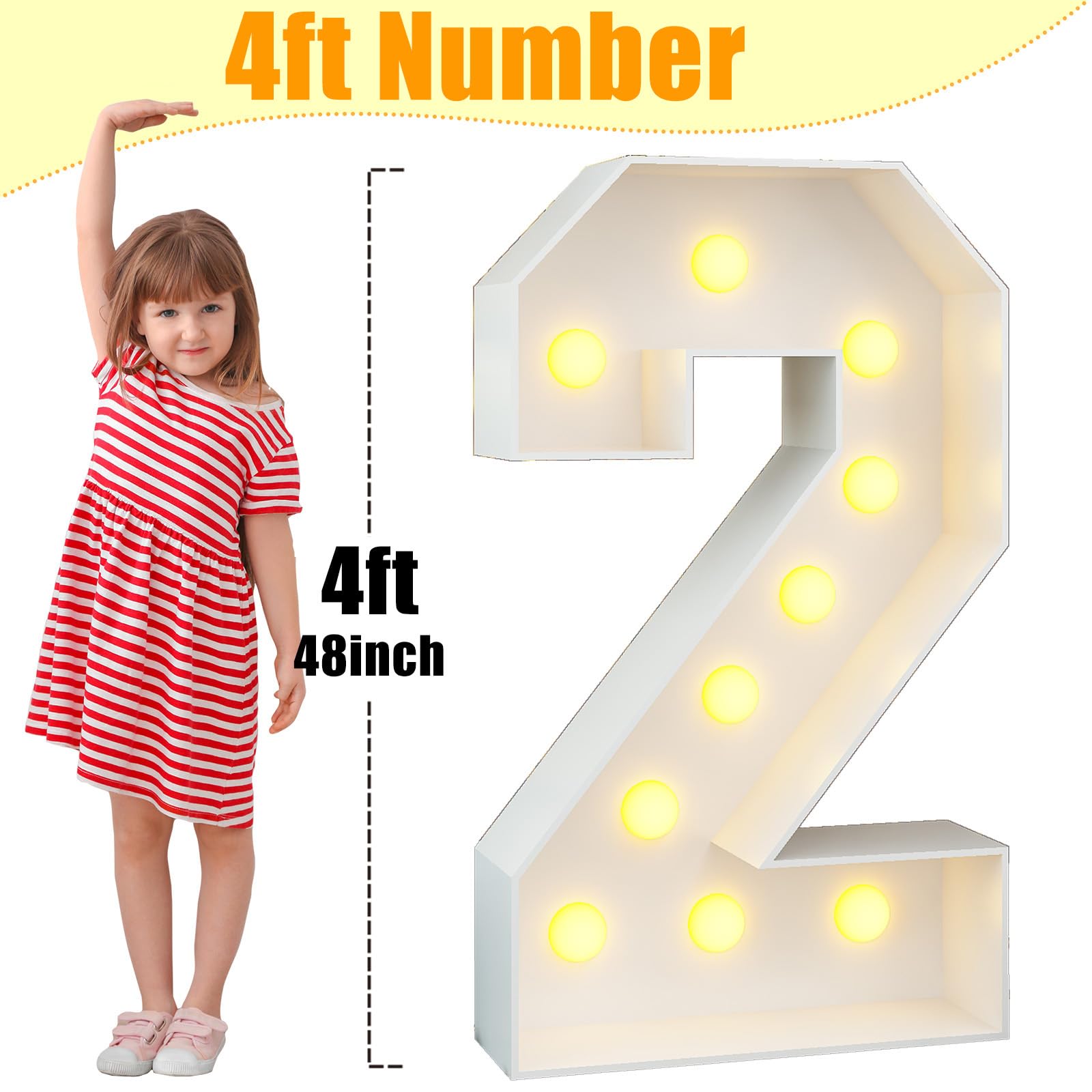 4Ft Light Up Number 2 White Large Numbers With Lights Giant Mosaic Marquee Frame Letter For 2Nd Birthday Party Decorations Pre-Cut Cardboard Thick Foam Board Sign Anniversary New Year Graduations
