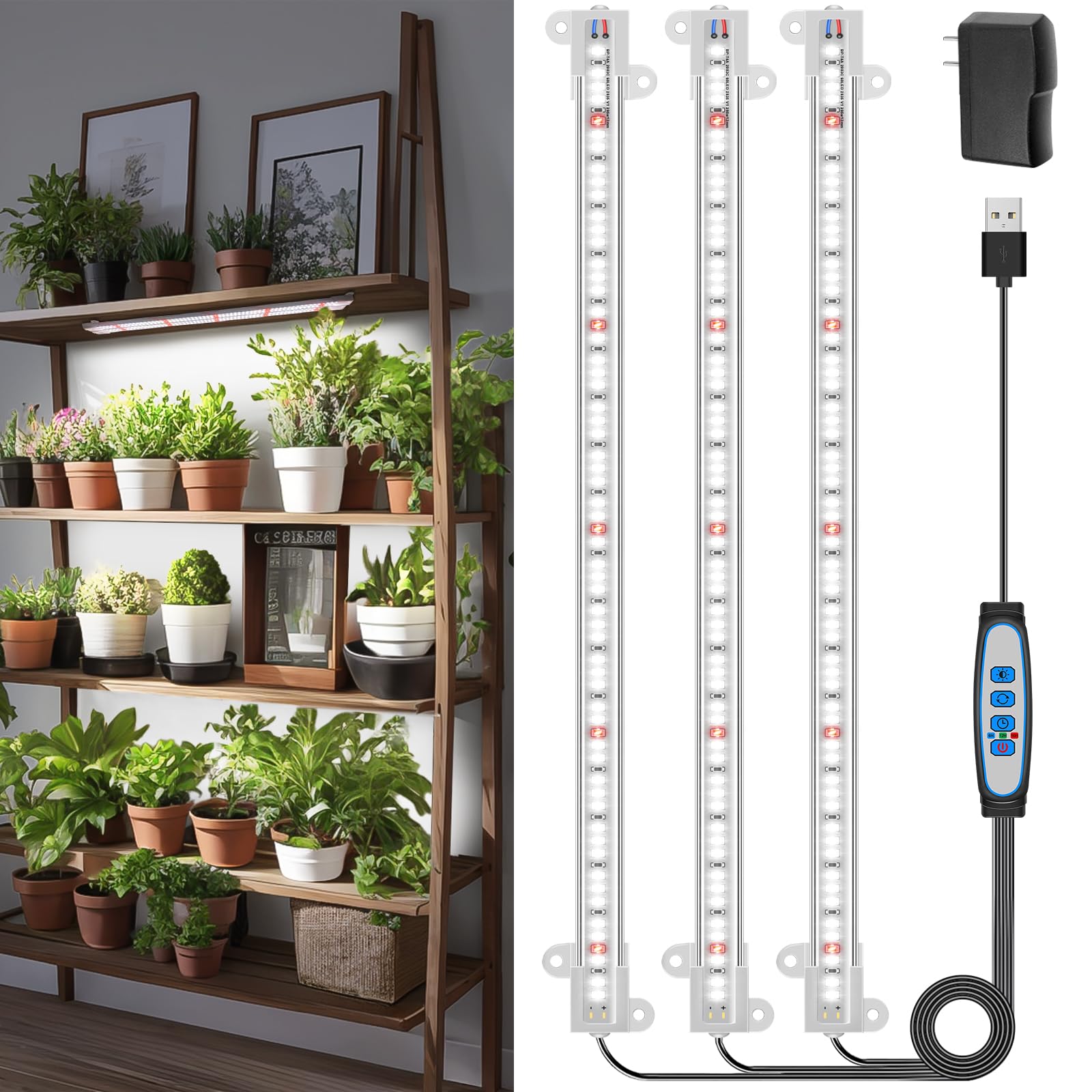 Wiaxulay LED Plant Grow Light Bands  6000K White Grow Lights for Indoor Plants Full Spectrum  3 Bars/16 in Grow Lamp with 6/12/16 Hrs Timer  5 Brightness for Green House  Hydroponics  Seed Starting