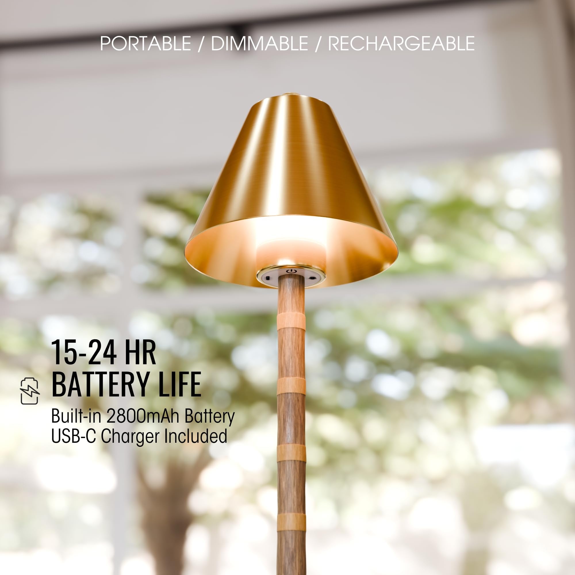 LUXELYKOS Bamboo Cordless LED Table Lamp – Dimmable 15" Portable Wireless Light, Rechargeable 24-Hour Battery, Polished Gold