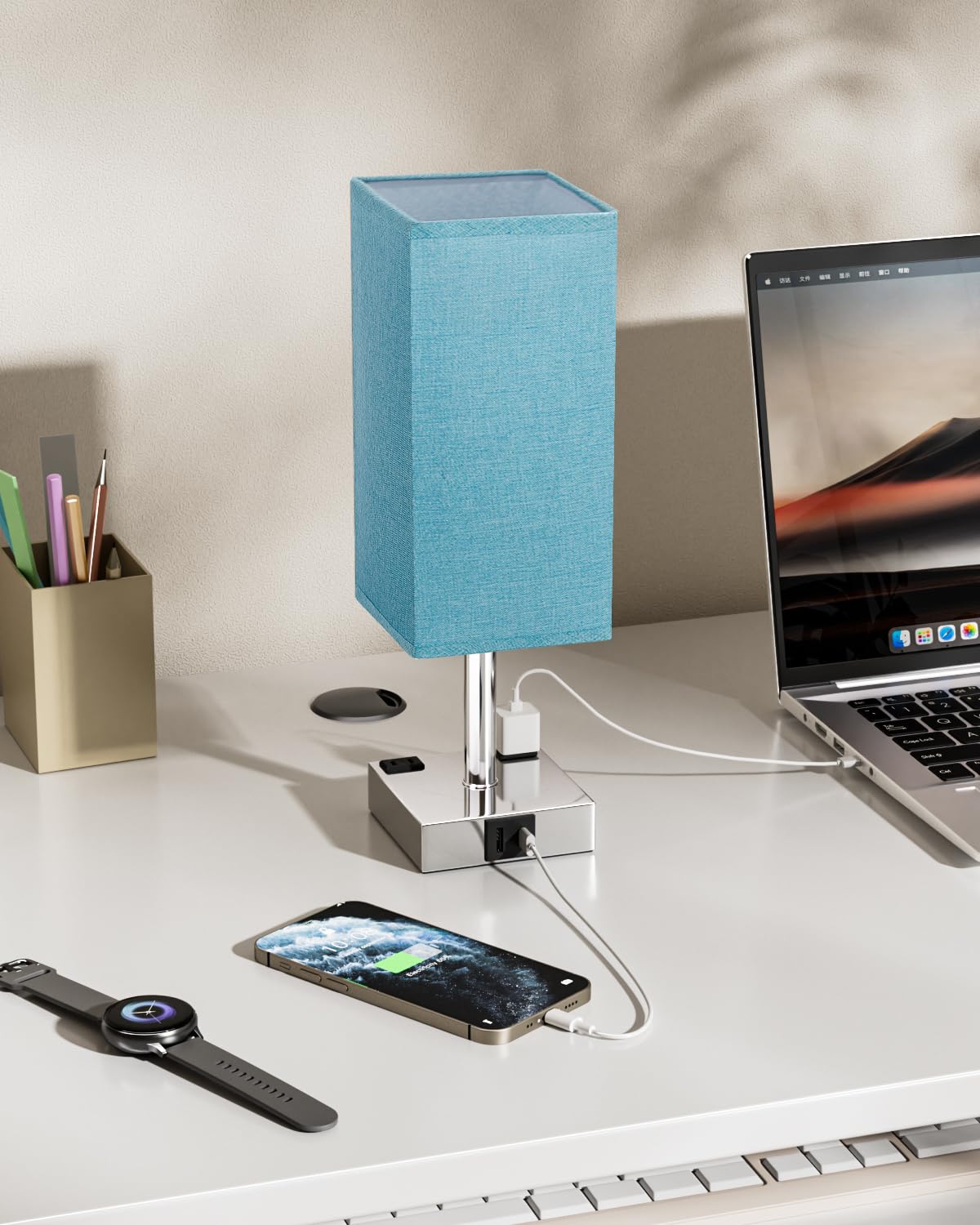 aooshine Touch Bedside Table Lamp - 3-Way Dimmable, USB A & Type C Ports, 14in, Turquoise & Silver, E26 Bulb, Model 3