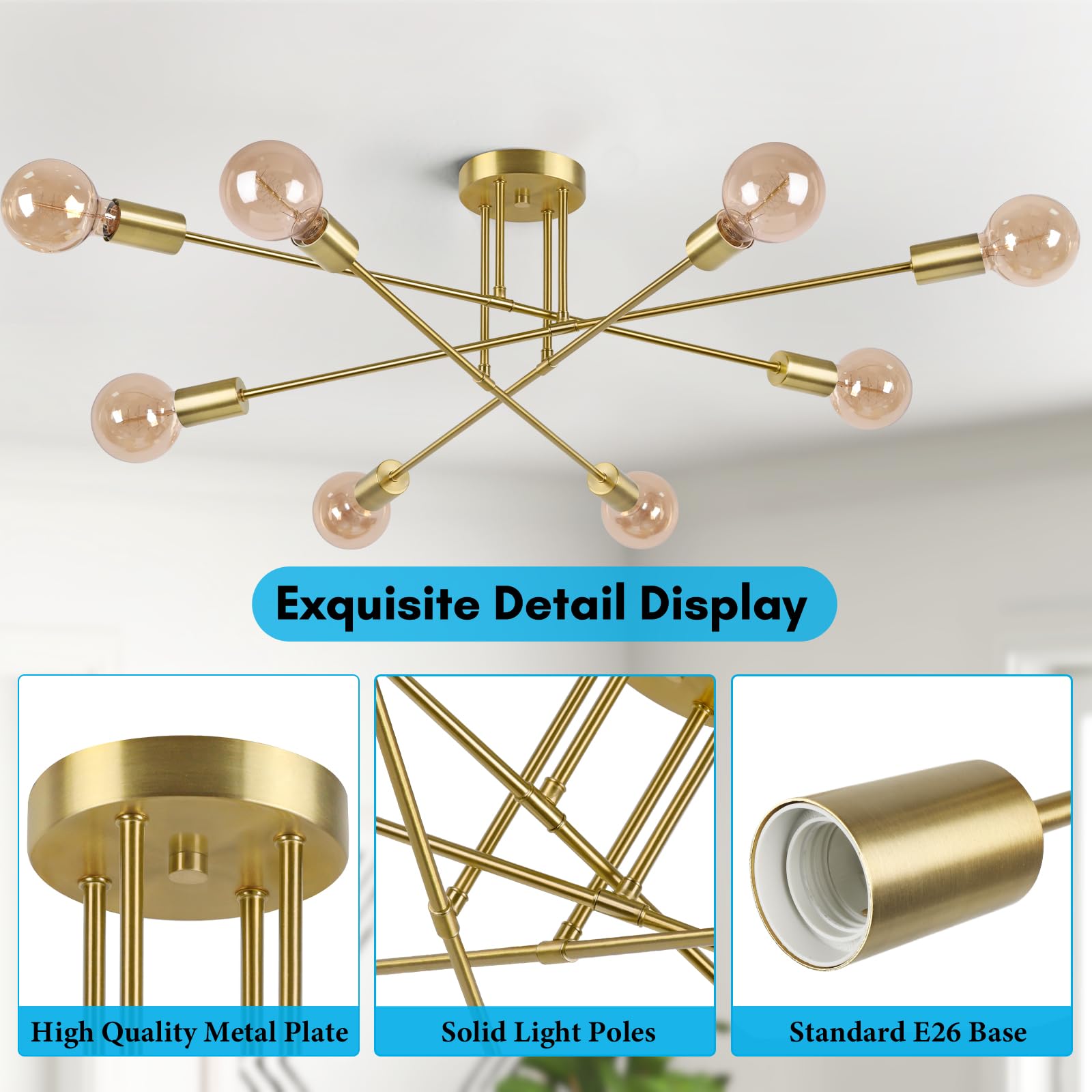 Modern Sputnik Chandelier 8-Light Industrial Ceiling Lights Fixture 32'' Gold Semi Flush Mount Ceiling Light With E26 Base Sputn