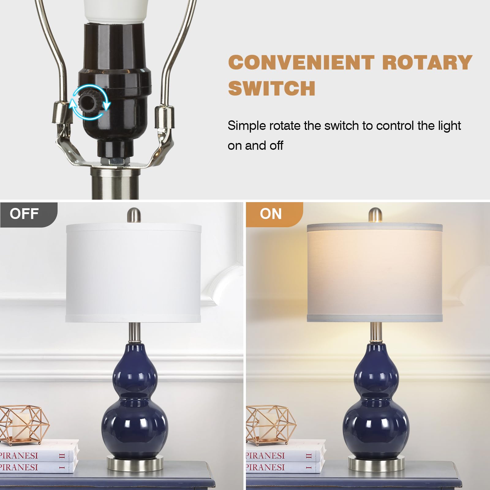 Rinweey Double Gourd Ceramic Table Lamps Set Of 2, Modern Navy Blue Bedside Lamps For Night Stand, Contemporary Nightstand Lamps