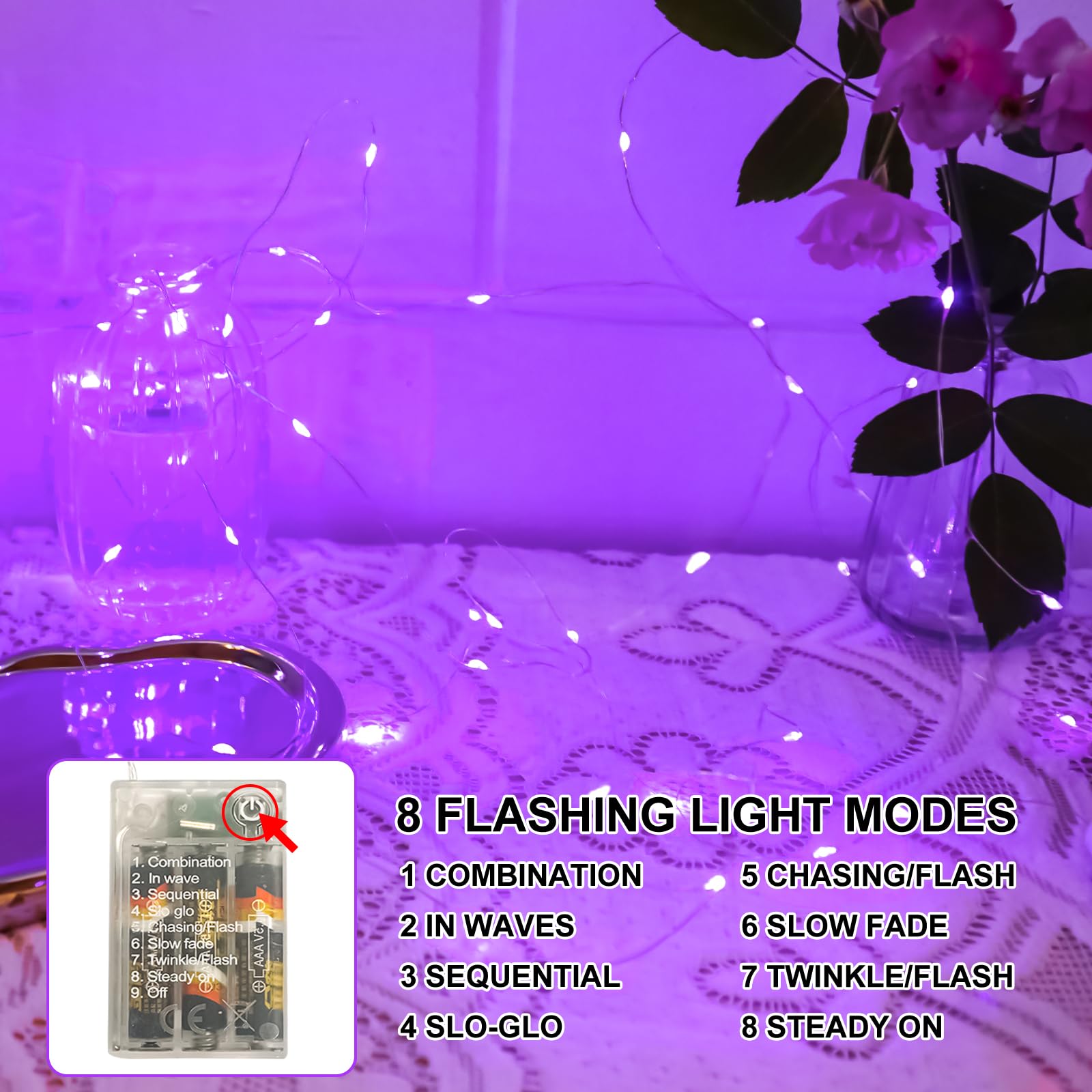 Sinamer Purple Fairy Lights Battery Operated (Included), 8 Modes & Auto Timer, 2 Packs 5M 50Led Mini Twinkle Silver Wire Firefly Starry Lights, Waterproof Battery Operated Lights For Wedding Parties