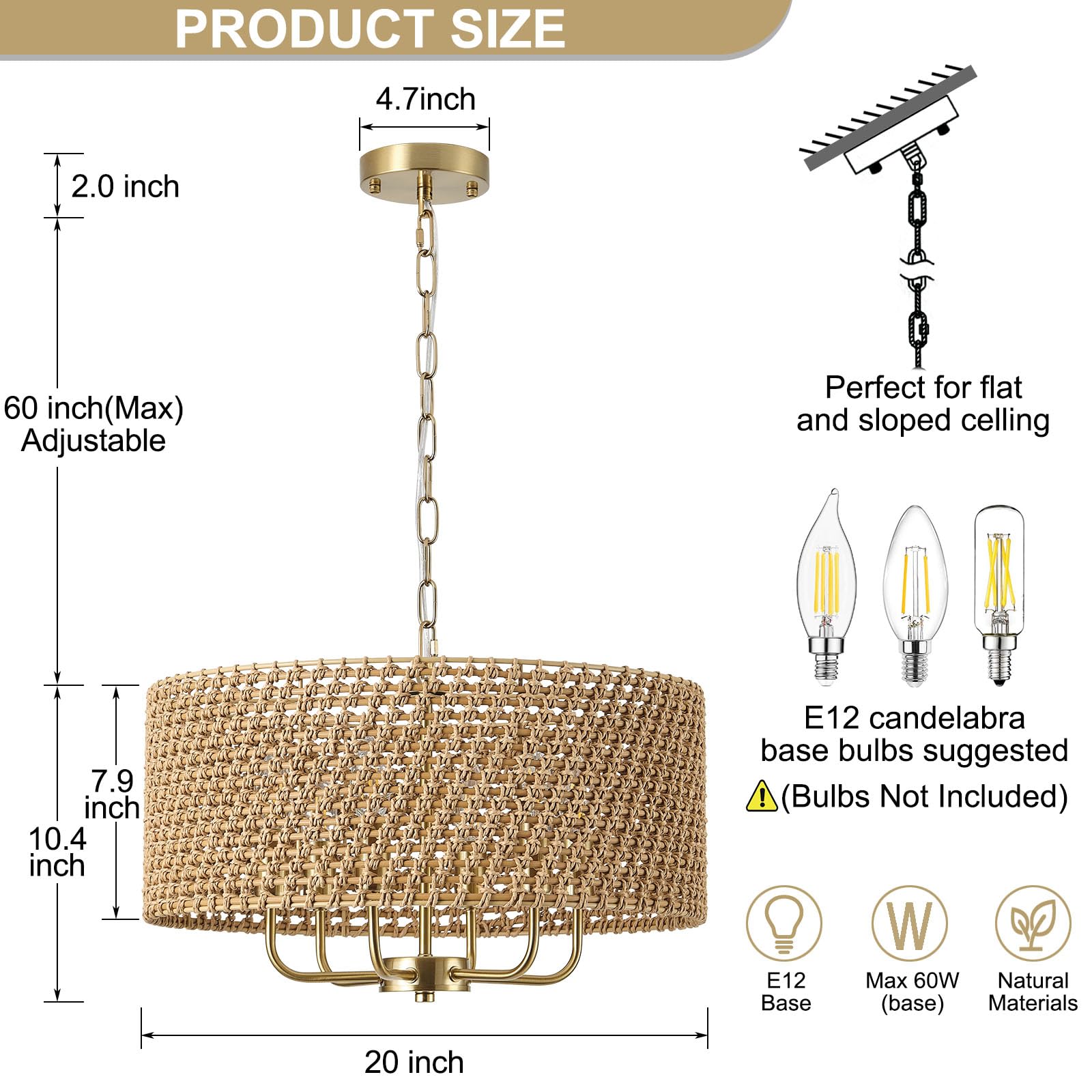 Giutna 20" Large Boho Rattan Chandelier, 6-Light Hand-Woven Pendant Light Fixture, Vintage Gold for Dining Room & Kitchen Island