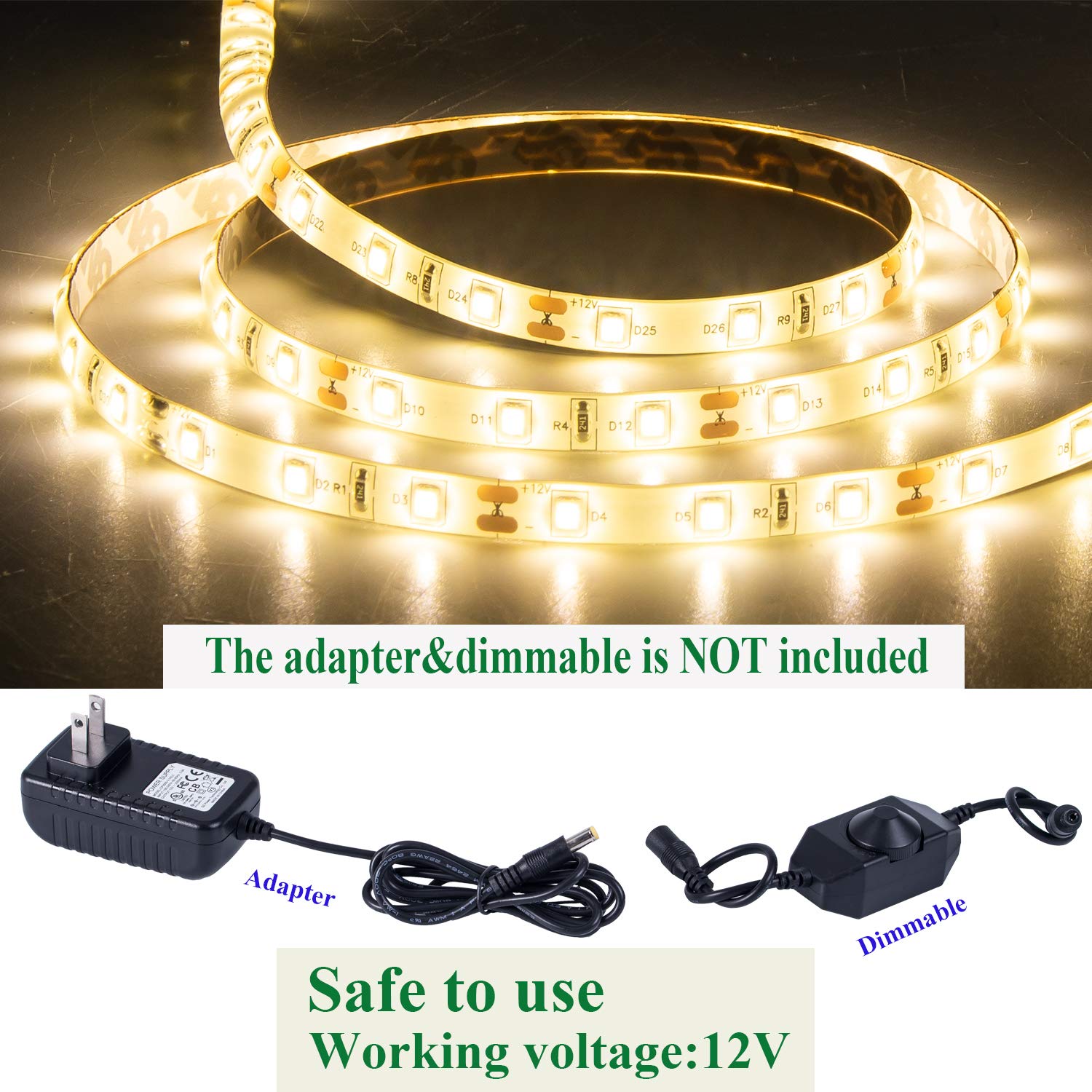JUNWEN 16.4ft Warm White Waterproof LED Strip Lights - Flexible Indoor/Outdoor SMD2835 Light for Bedroom, Kitchen, TV, Bar