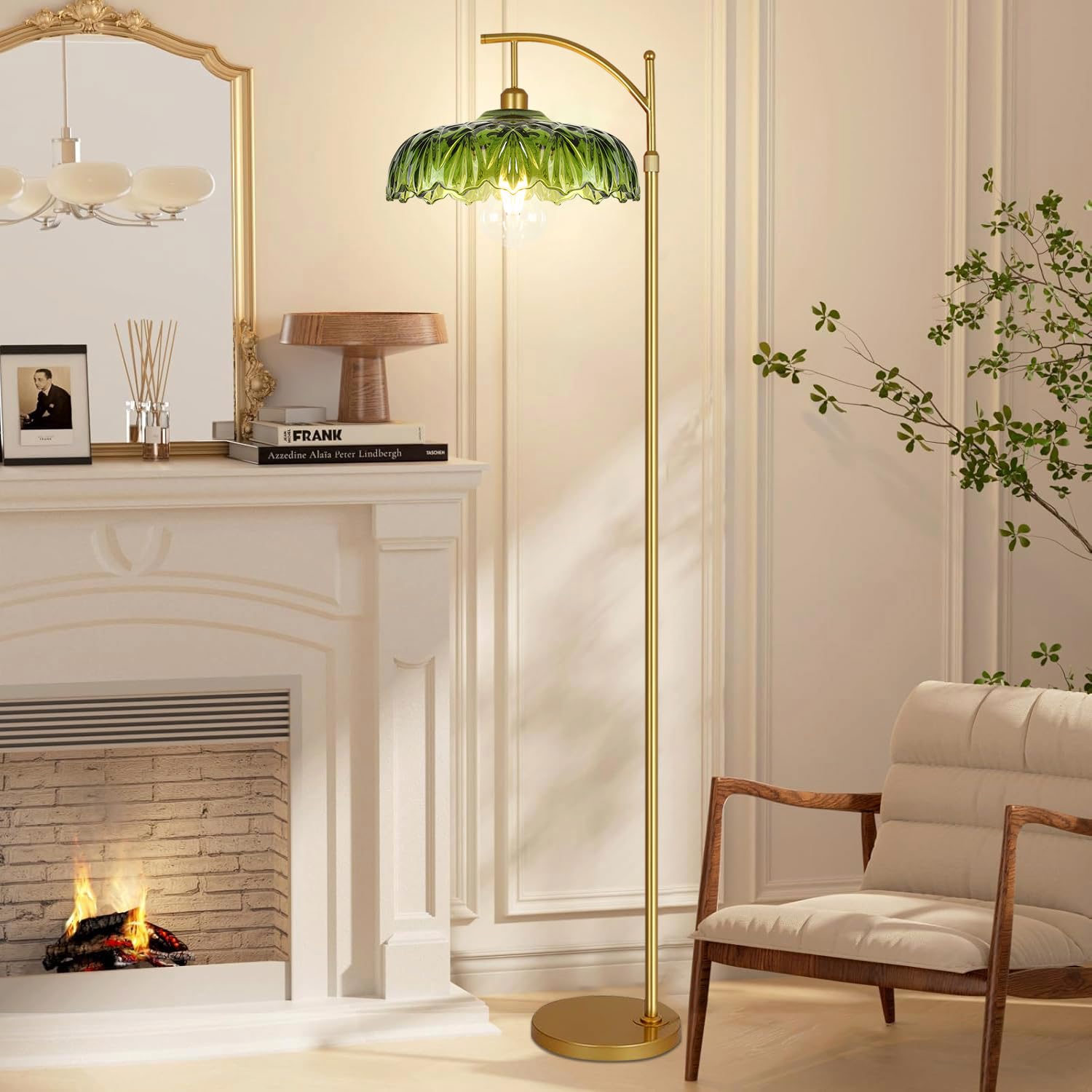Illmtw Glass Floor Lamp For Living Room,Bedroom,Gold Standing Lamp With Remote,Dimmable Brass Mid Century Modern Tall Lamp Vinta