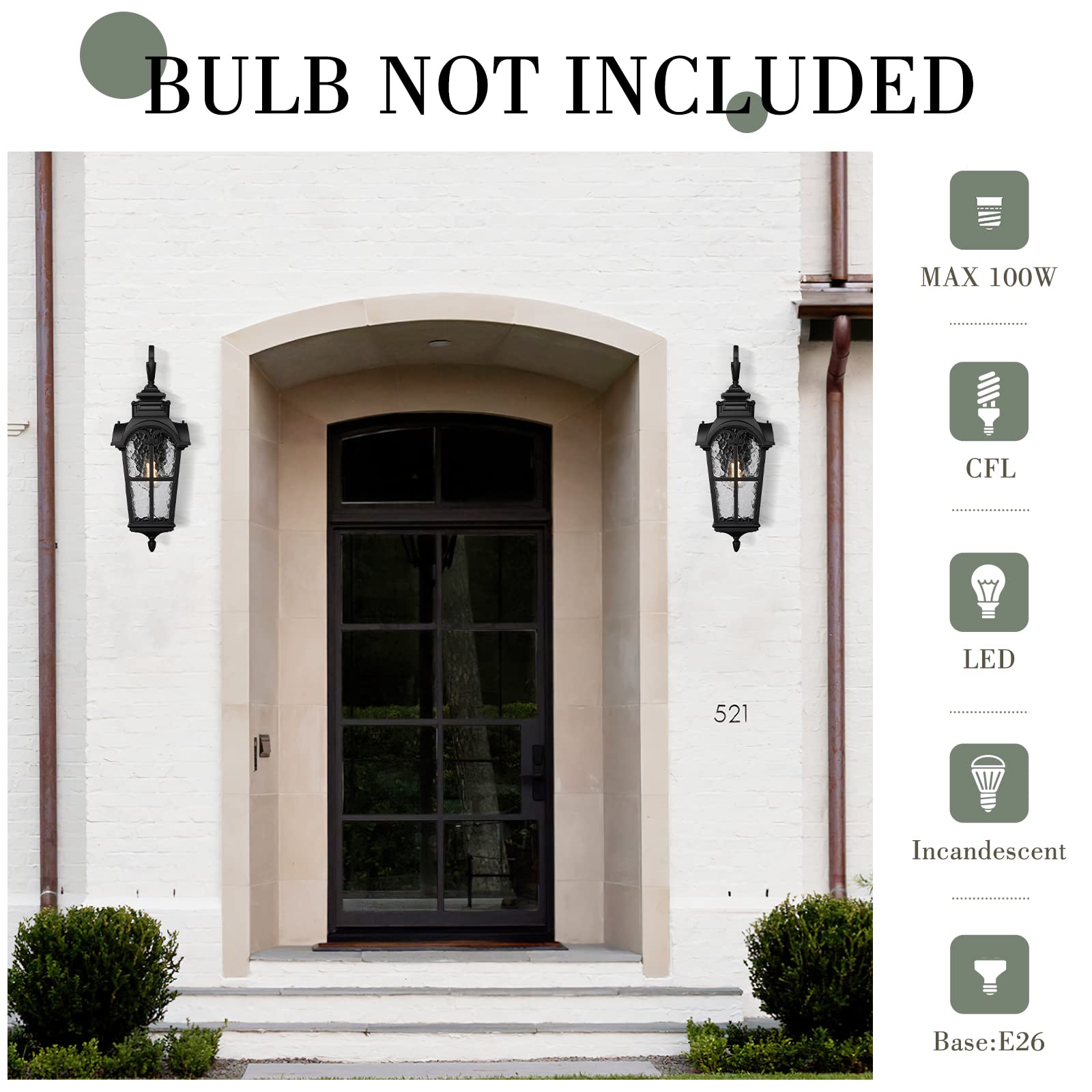 Emliviar Farmhouse 25 Inch Outdoor Wall Lantern Sconce, 1-Light Large Patio Wall Light Fixture With Water Grain Glass, Black Fin