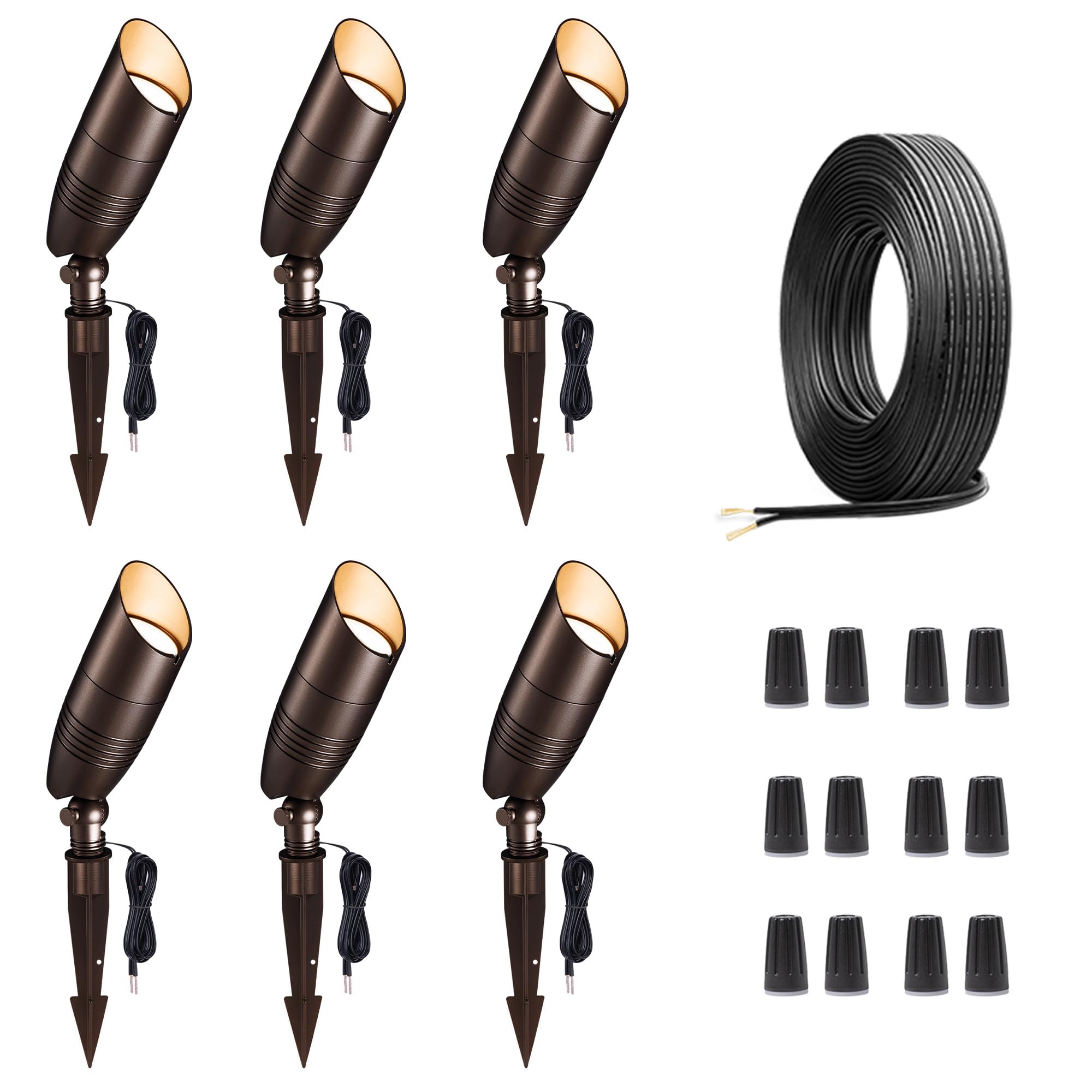 Varmtalys Landscape Light Kit, 6 Pack 3CCT Selectable Spot Light and 100FT Cable and 30 Wire Connectors, Aluminum ORB Waterproof