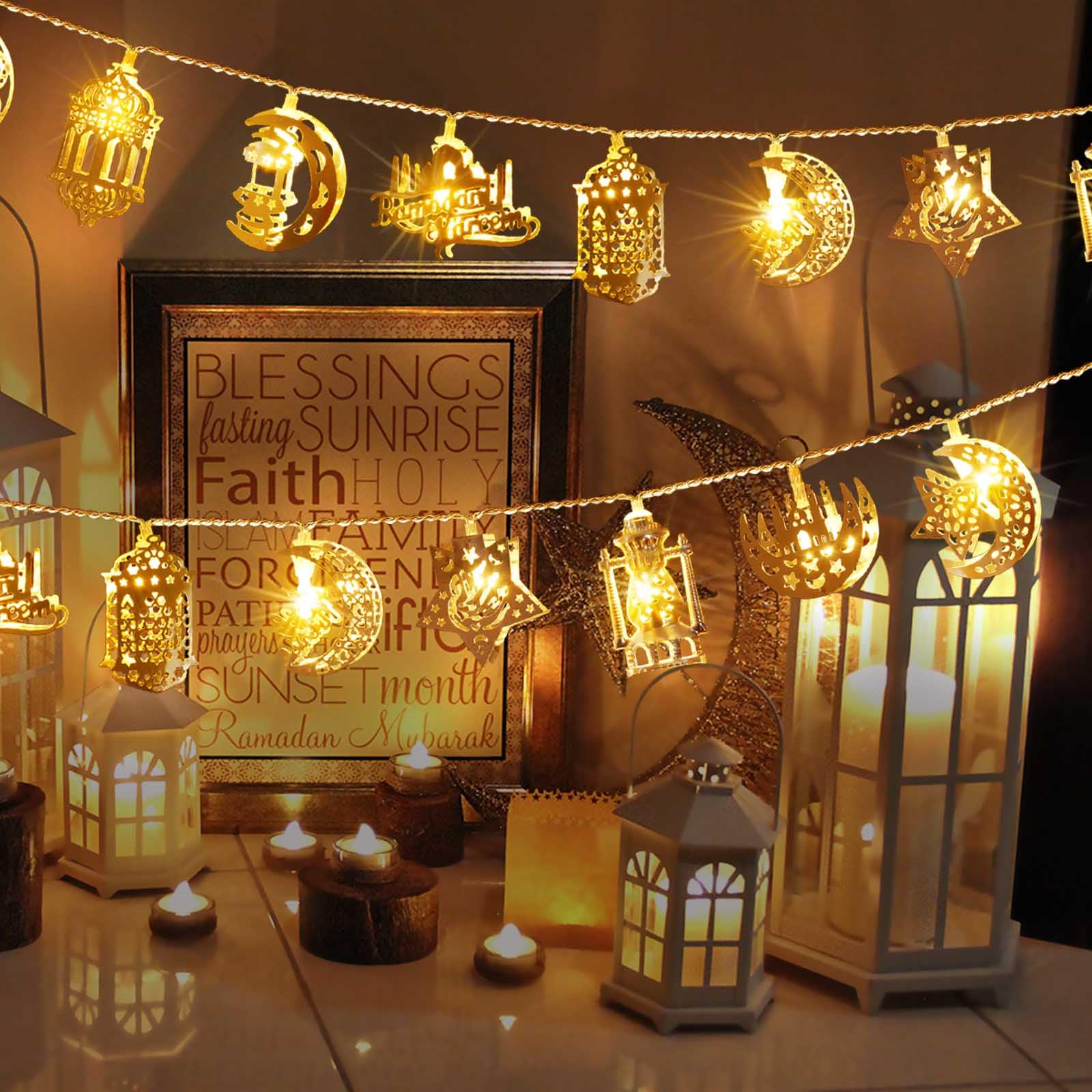 Homeleo Vintage Ramadan Decorations For Home, Battery Operated Ramadan Lights, 20 Led Eid Mubarak Bronze Metal Moon Star Lantern String Lights For Mantle Window Tree Bedroom Classroom Ramadan Decor