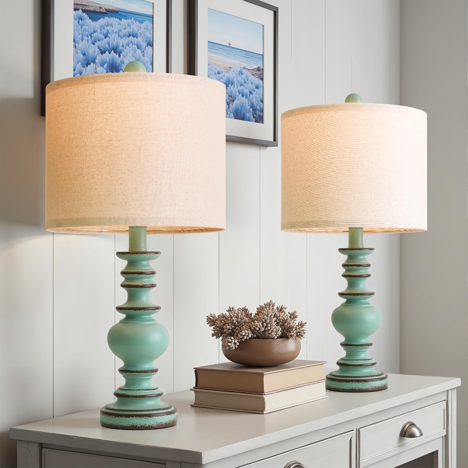 BOBOMOMO 20 Distressed Teal Bedside Lamps Set of 2  Hand-Discomfortted Vintage Resin Lamps with Linen Shades  Cottage Farmhouse Lamp for Living Room  Bedroom  and Hallway  Space-Saving Accent Lamps
