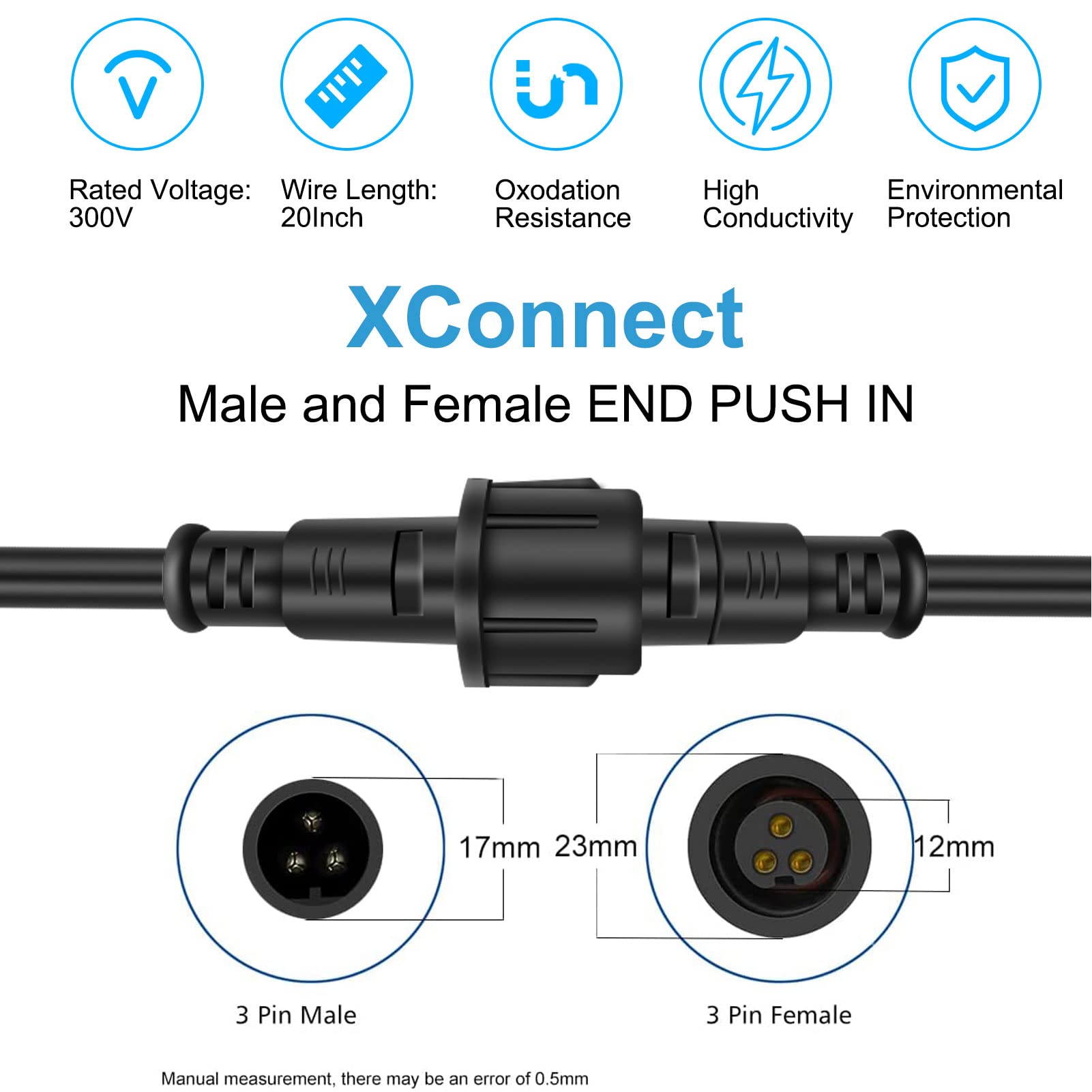 Evertine Waterproof Wire Connectors 3 Pin 20In Xconnect Electrical Pigtail, 3 Way Low Voltage Wire Connector For Landscape Light