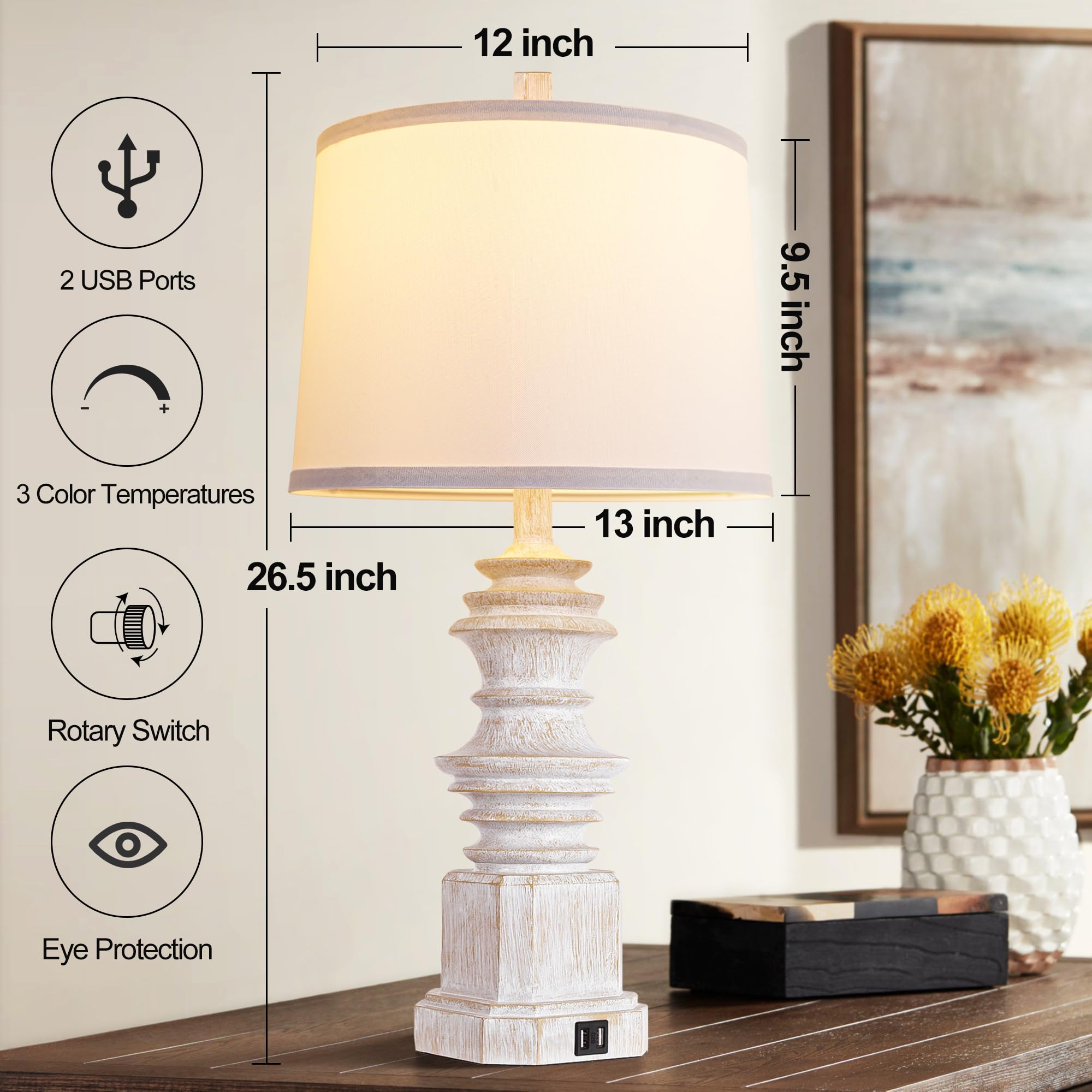 QiMH Table Lamps Set of 2 with Dual USB Ports, White Fabric Shade, Farmhouse Style, Model QMLP307AWL