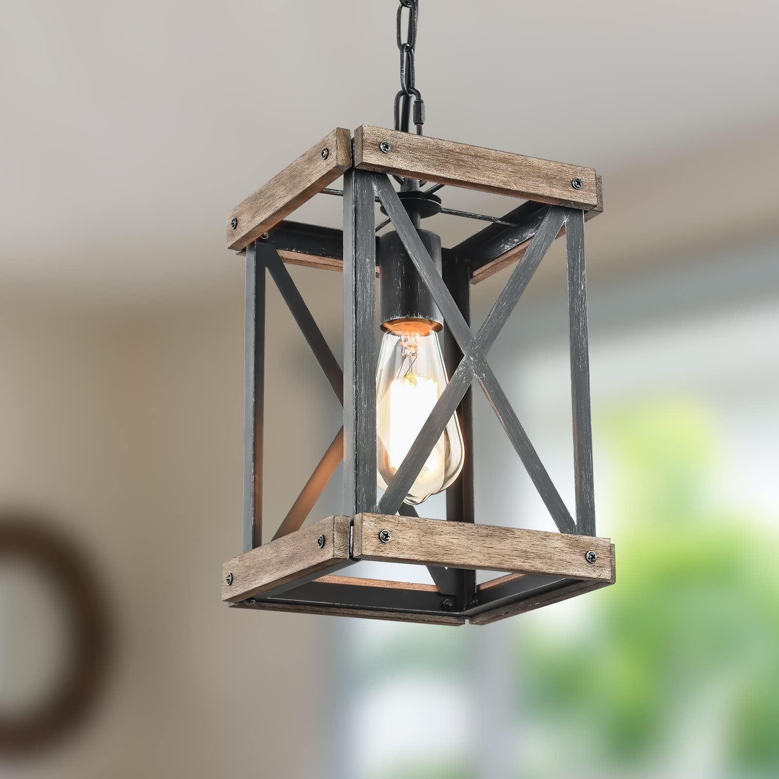 Wochos Farmhouse Pendant Light, Adjustable Metal And Wood Chandelier Light Fixture, Rustic Pendant Lighting For Kitchen Island,