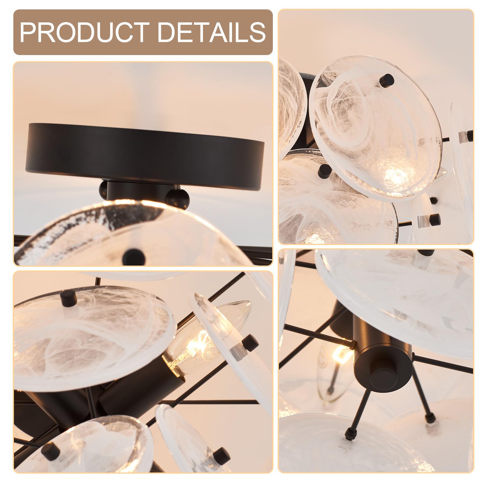 Vanzarla Modern Flush Mount Glass Ceiling Light, Black Hallway Lights Vintage Chandelier, 4-Light Unique Light Fixture For Bedro