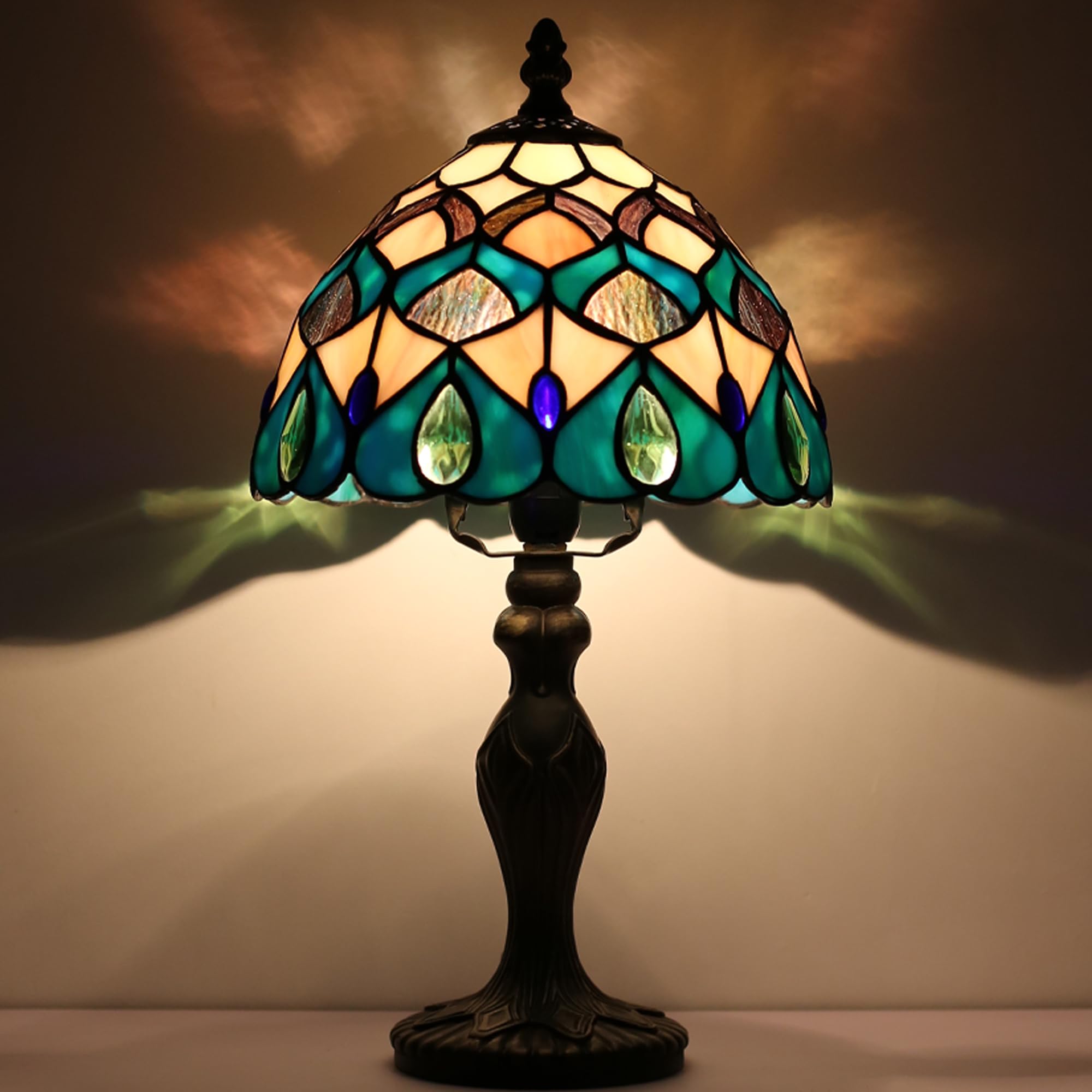 LUSTIX Tiffany Style Lamp Stained Glass Table Lamp 8 x 14.5 Mini Accent Light Blue Phoenix Tail Design Small Decorative Bedside Memory Lamp
