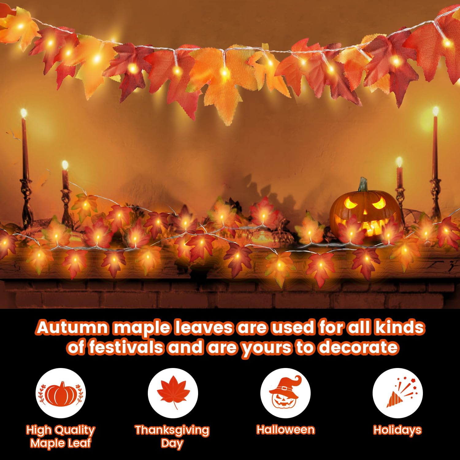 Moocii Fall String Lights - 20ft Maple Leaf Garland, 40 LED Orange Bulbs, Battery Operated Decor for Thanksgiving & Halloween