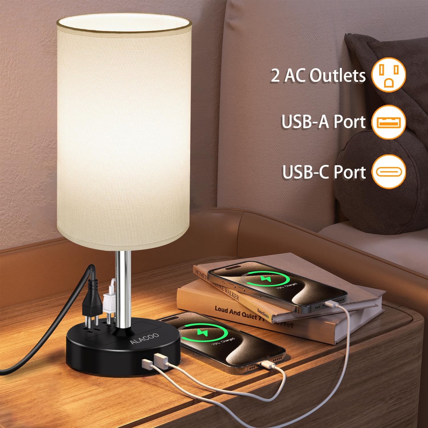 ALACOO Bedside Table Lamp - Touch Control, USB C & A Charging, 3-Way Dimmer, Small, Black-White, Model MS112, E26 LED Bulb Included