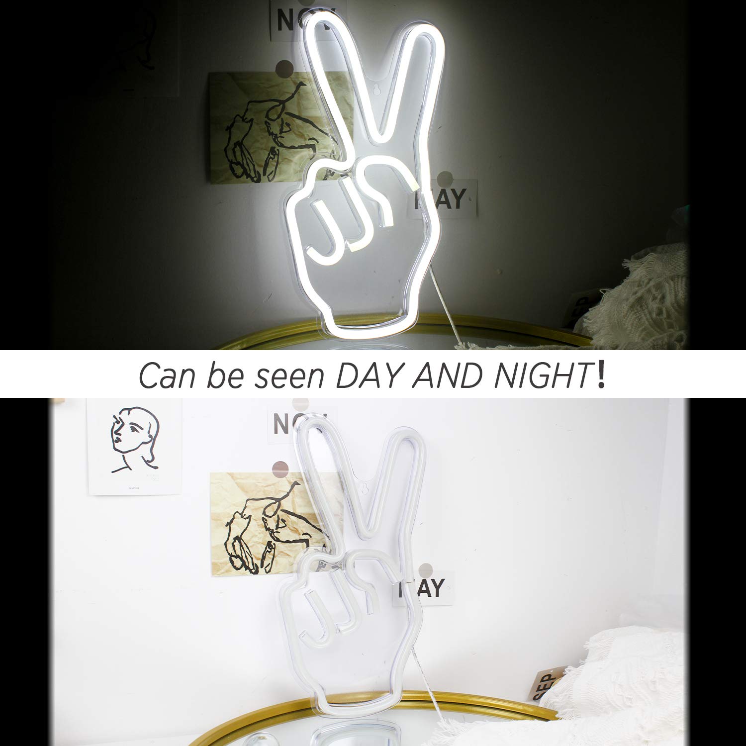 ineonlife Neon Peace Sign LED Light - 15in  x 8in , Acrylic, C-Gesture-White, USB with Switch, Wall Decor for Kids and Parties