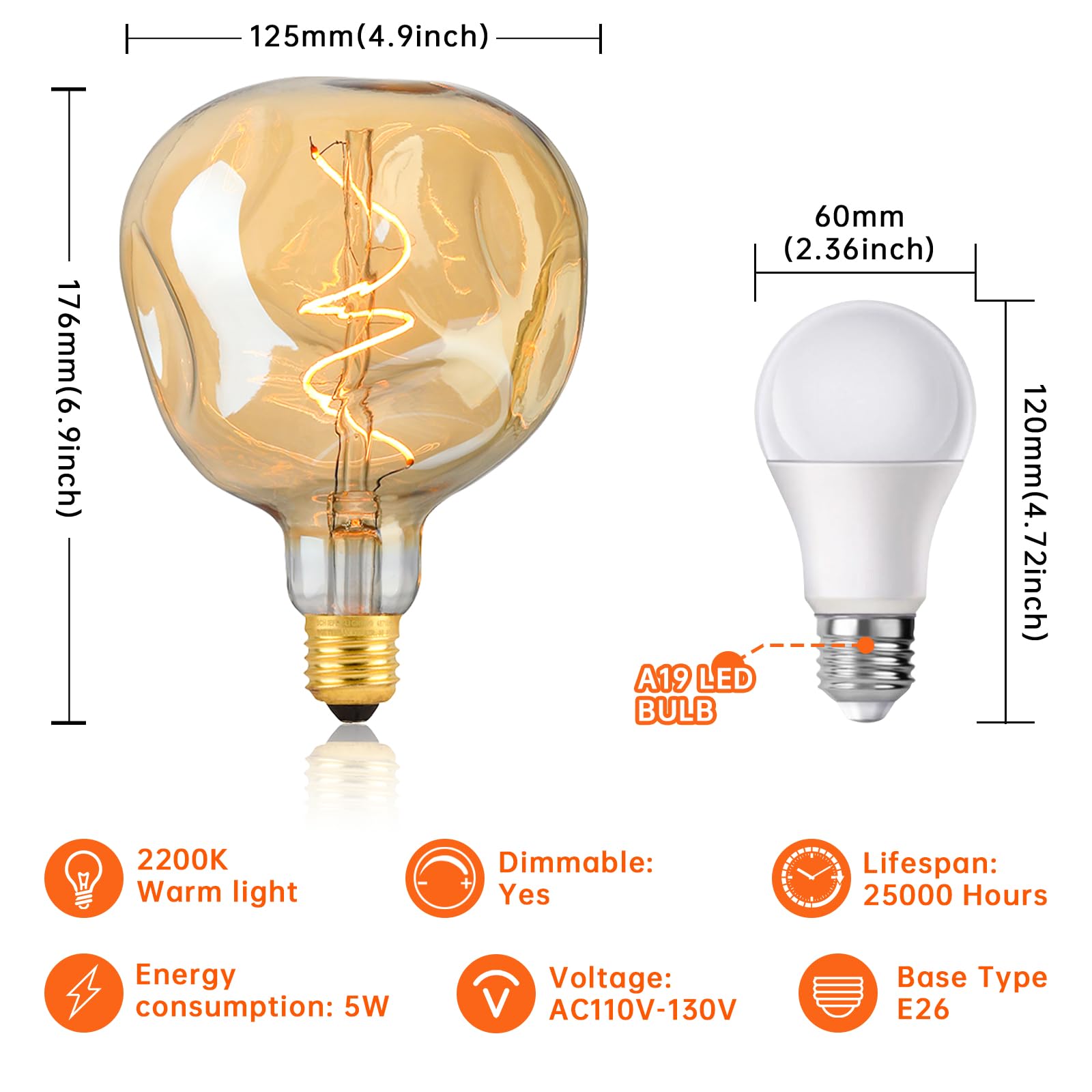 OMED LED Edison Bulb, 5W 400 Lumens, 2200K Warm White, Amber Glass, Dimmable, E26, Pack of 1